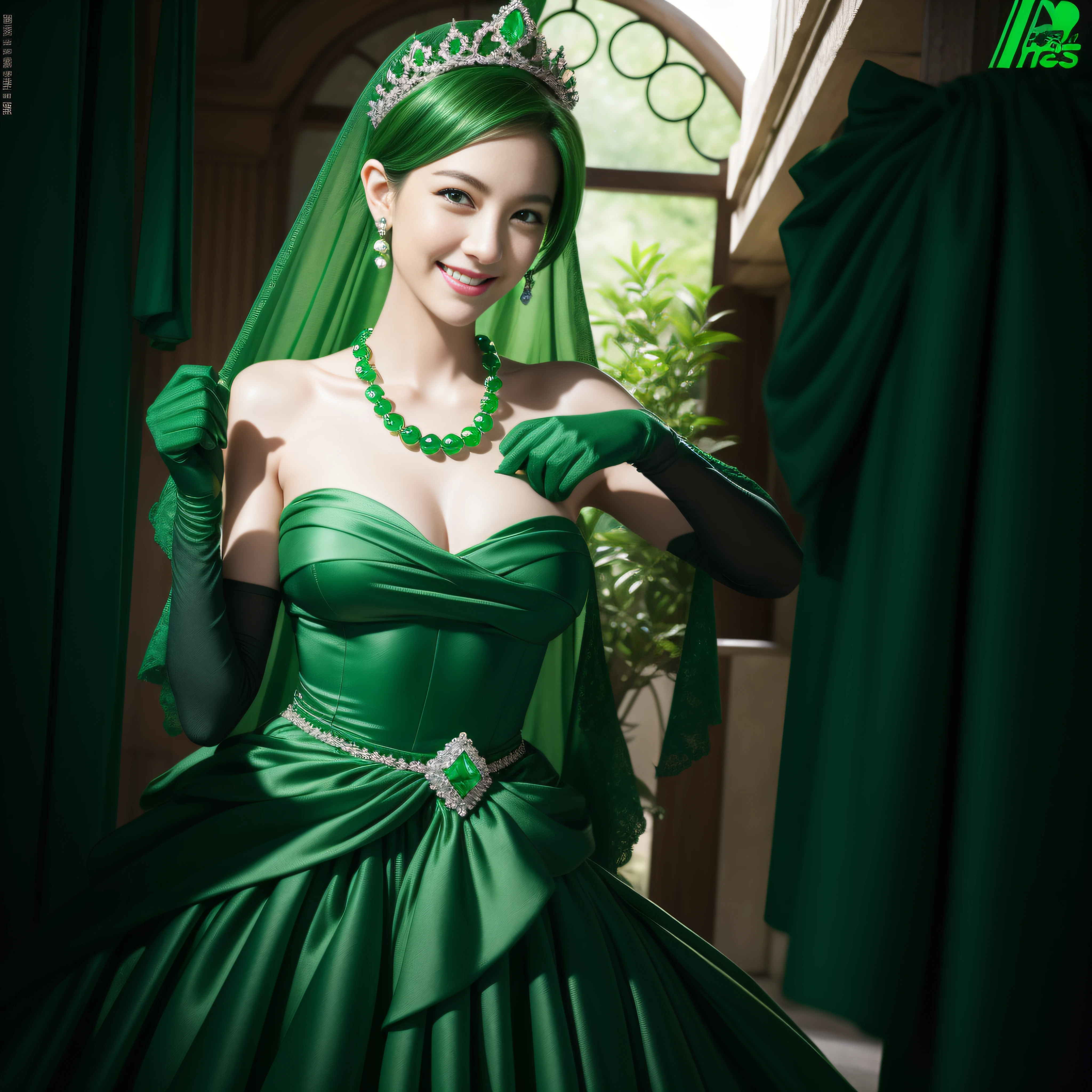 emerald tiara, green pearl necklace, boyish very short green hair, lipstick, smiling Japanese woman, very short hair, big breasts beautiful, green eyes, Long green satin gloves, green eyes, V sign, emerald earrings, green veil