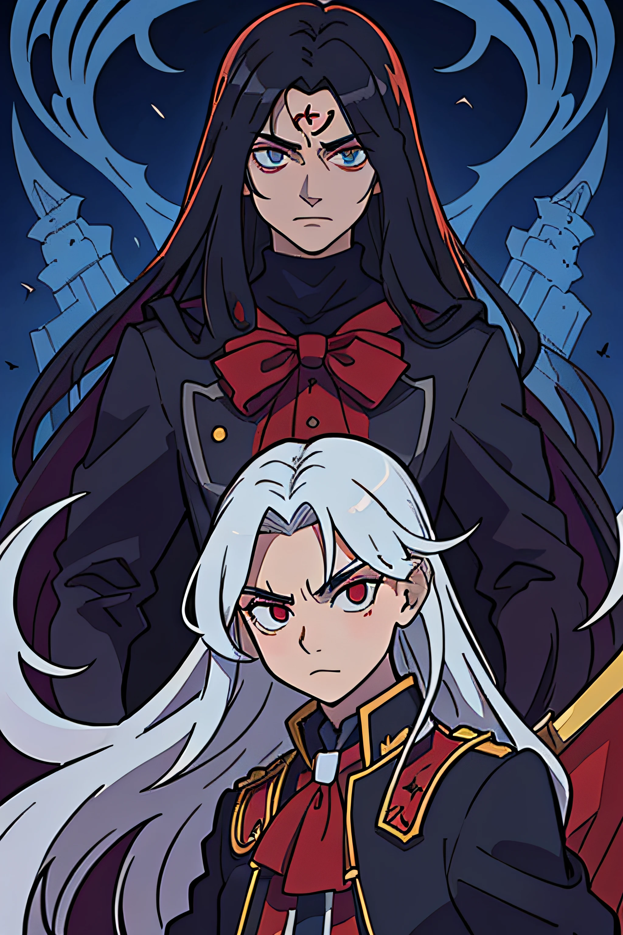 Alucard, Castelvânia, homem com cabelos longos e prateados com uma capa, muito bonito, rosto detalhado, rei demonio, mestre vampiro, jovem , de corpo todo, paisagem com um castelo distante