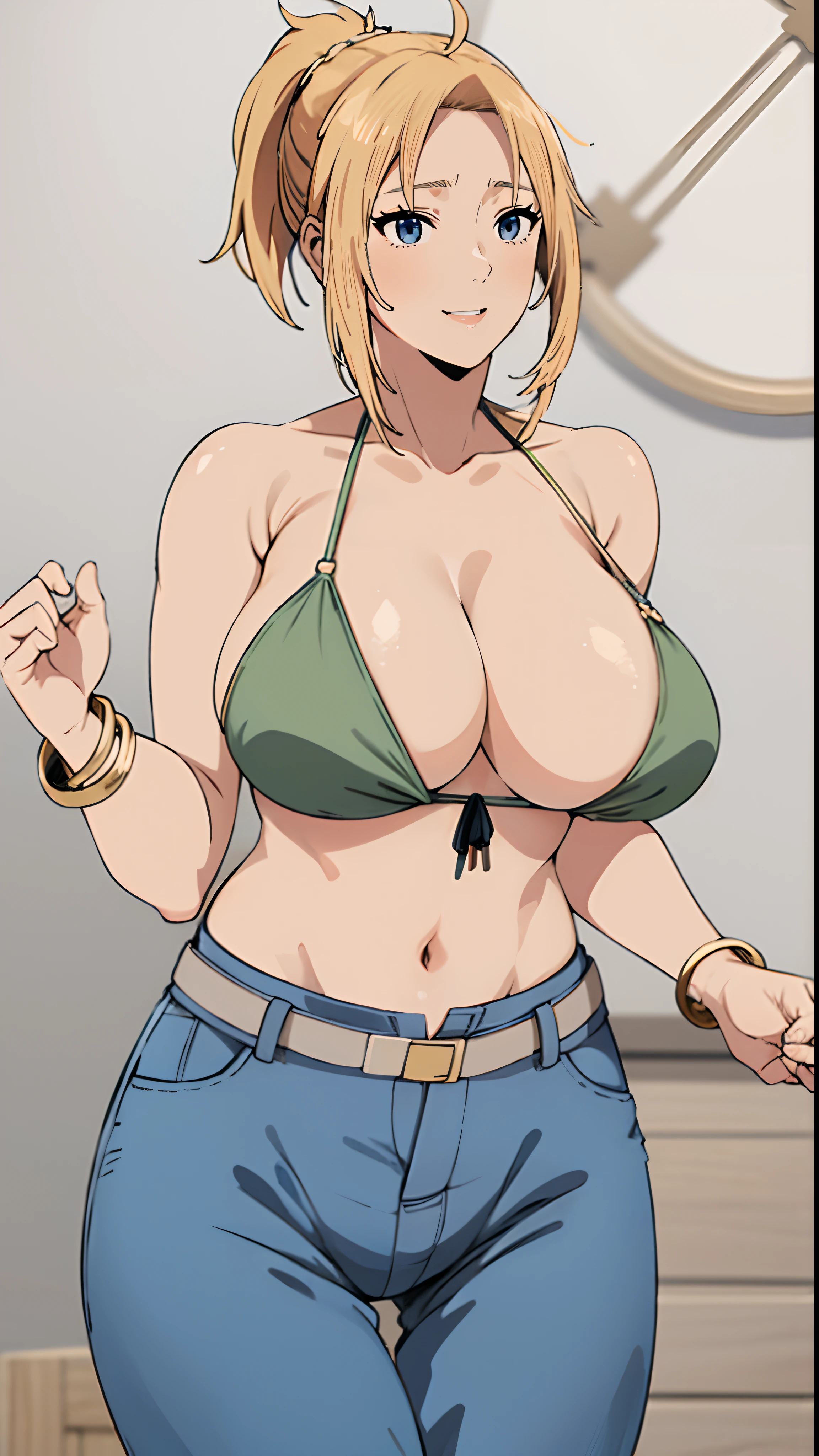 (blonde hair:1.4), blue eyes, low ponytail, jacket, breasts, 1girl, bikini, swimsuit, jewelry, earrings, navel, pants, denim, solo, huge_breasts, bikini_top, cleavage, thigh_gap, jeans, armpits, looking_at_viewer, wide_hips, bracelet, green_bikini, grey_background, tattoo, collarbone, thighs, bangle