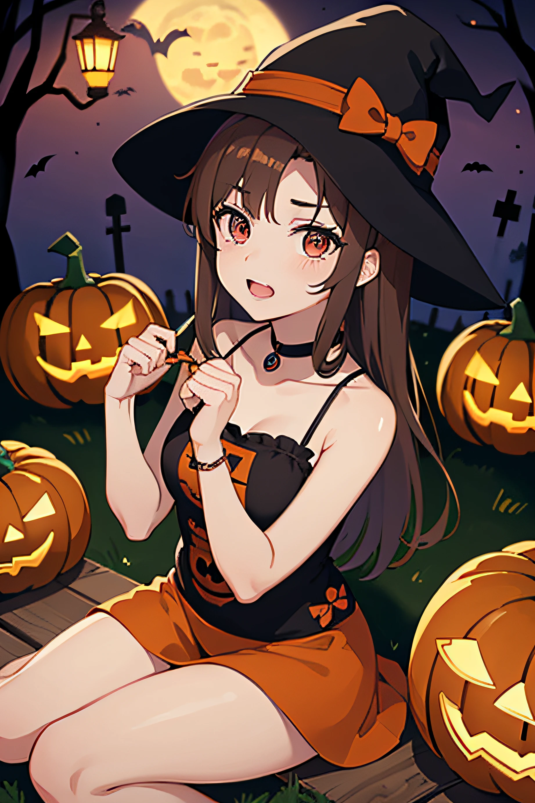 halloween, calabaza Jack-o'-lantern, dulces, Brujas, Atsuko Kagari, ojos rojos, brown-hair, Media luna, noche.