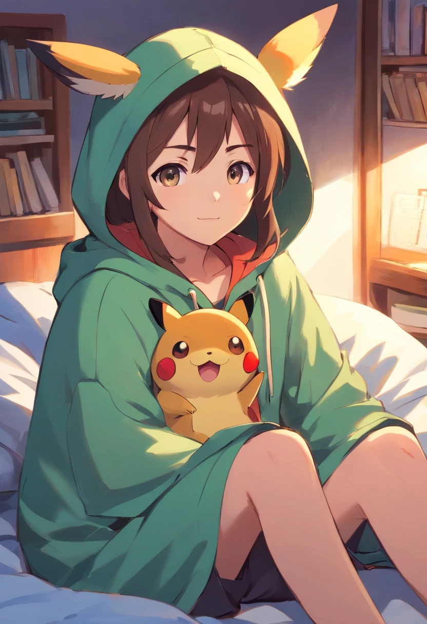 ((masterpiece)), ((best quality)), (ultra-detailed), ((kawaii)), cute, (lovely), illustration, anime style, upper body, upper body focus, a cute girl, (bedroom), (frog full-body costume:1.2), (kigurumi), sitting, (beautiful eyes), beautiful light brown hair, short hair, slim, slender, small breast, (incoming kiss:1.3), closed eyes, (looking up:1.2), wariza.