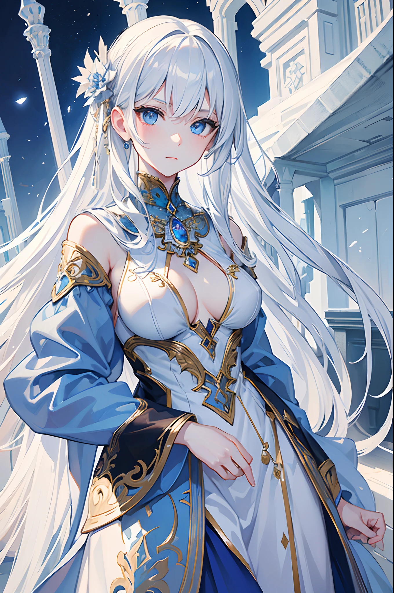 masterpiece, highlydetailed, ultra-detailed, cold, solo, (1girl), (pale skin), icyblue eyes, frosty white hair, cool Chara, flat face, young lady, lady chara, medium boobs, Arrogant, confident, cold face, goddess, kuudere girl, (Arabian background), (desert), (calm expression), (Arabian clothes), (not smile)