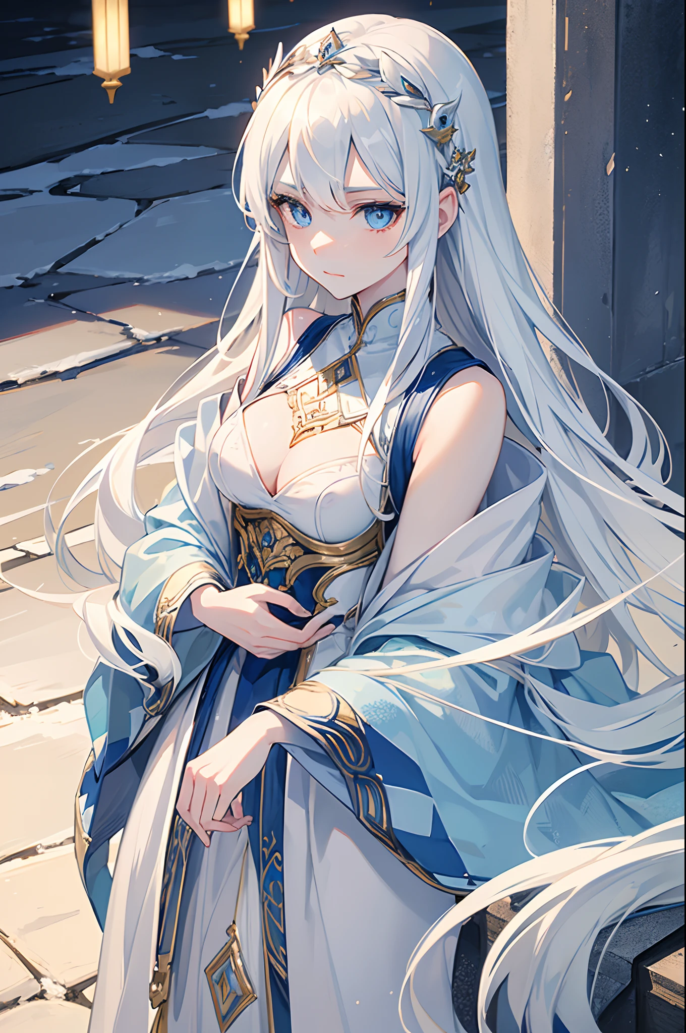masterpiece, highlydetailed, ultra-detailed, cold, solo, (1girl), (pale skin), icyblue eyes, frosty white hair, cool Chara, flat face, young lady, lady chara, medium boobs, Arrogant, confident, cold face, goddess, kuudere girl, (Arabian background), (desert), (calm expression), (Arabian clothes), (not smile)