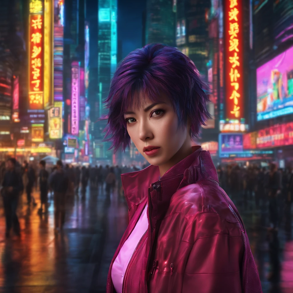A cinematic waist up photorealistic color digital painting of [Ryoko Yonekura:Scarlet Johansson:0.5] as Major Motoko Kusanagi of The Cybercrime Detective of Ghost in the Shell anime scrutinize the city from the City Tower, detailed face, insanely detailed and intricate, crisp sharp and clear, volumetric lighting, ultra-high resolution, masterpiece hyper realistic artwork of Shirow Masamune, Cinematographic scene by Hiromasa Ogura, centered, Professional color grading by Kenneth Hines Jr.