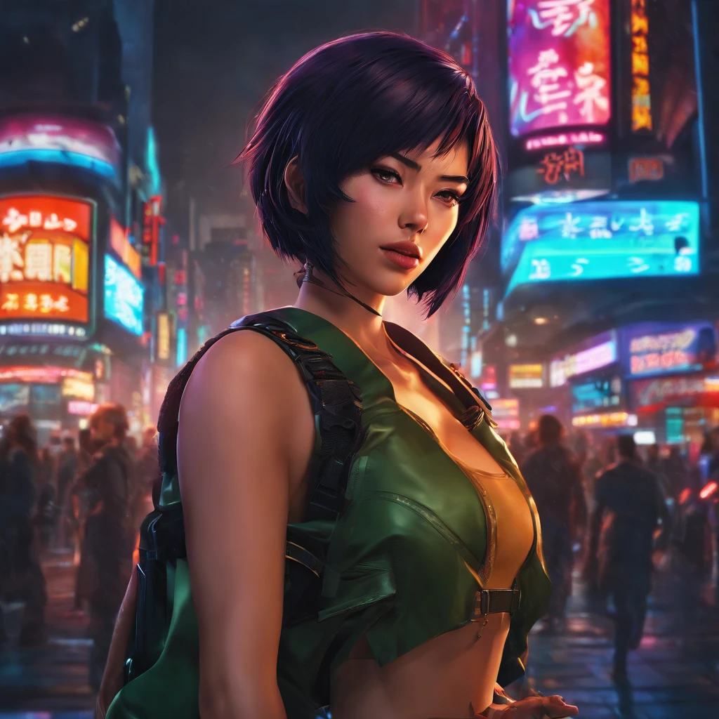 A cinematic waist up photorealistic color digital painting of [Ryoko Yonekura:Scarlet Johansson:0.5] as Major Motoko Kusanagi of The Cybercrime Detective of Ghost in the Shell anime scrutinize the city from the City Tower, detailed face, insanely detailed and intricate, crisp sharp and clear, volumetric lighting, ultra-high resolution, masterpiece hyper realistic artwork of Shirow Masamune, Cinematographic scene by Hiromasa Ogura, centered, Professional color grading by Kenneth Hines Jr.