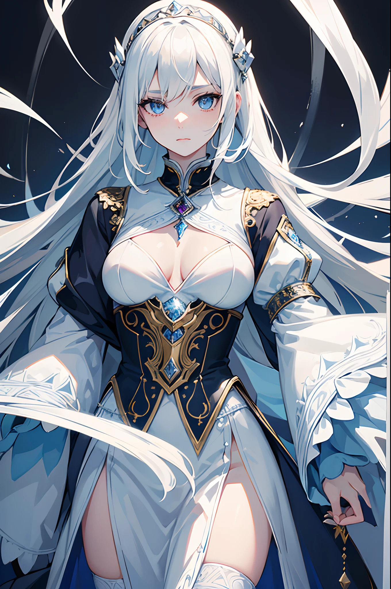 masterpiece, highlydetailed, ultra-detailed, cold, solo, (1girl), (pale skin), icyblue eyes, frosty white hair, cool Chara, flat face, young lady, lady chara, medium boobs, Arrogant, confident, cold face, goddess, kuudere girl, (Arabian background), (desert), (calm expression), (Arabian clothes), (not smile)