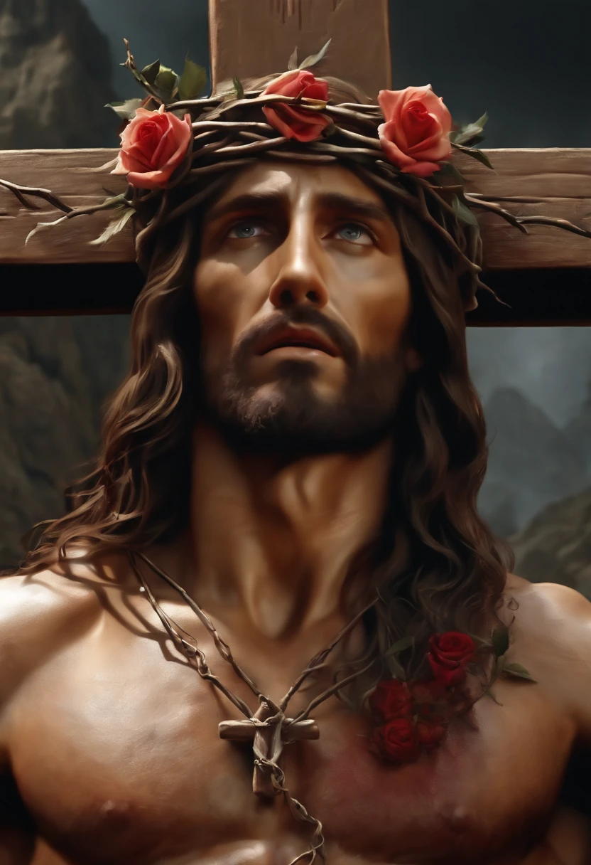 Jesus With Roses Jesus with a cross and roses on his head - SeaArt AI