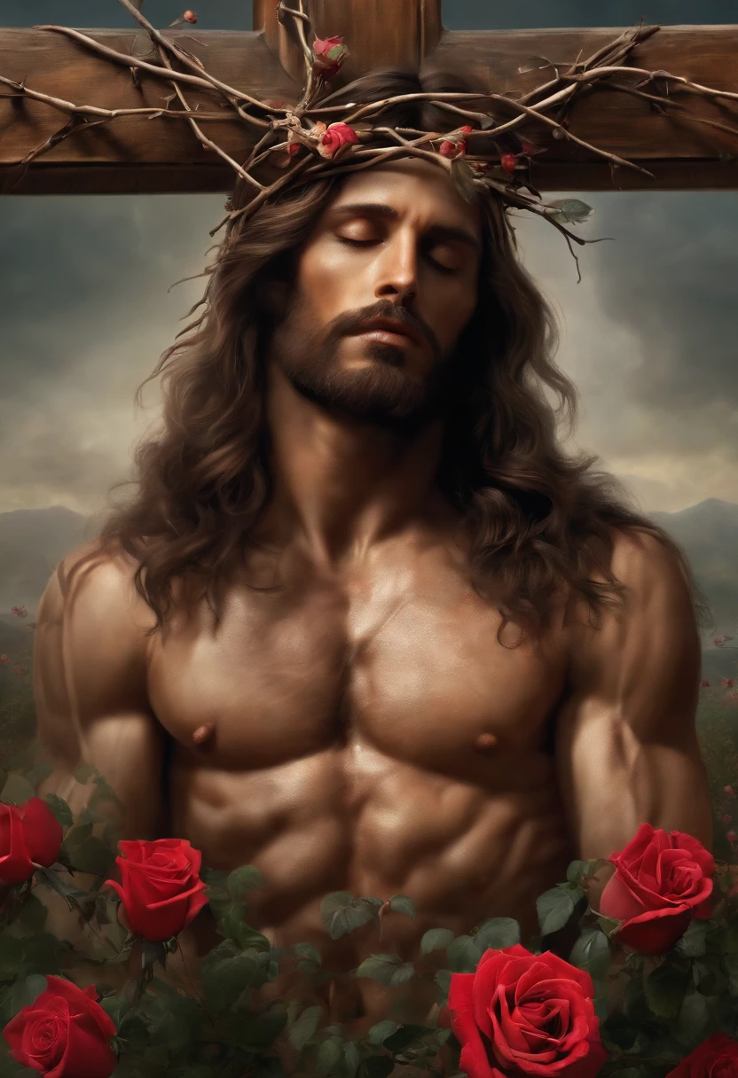 Jesus on the cross, image with many details, thorns, small shoots of roses, Jesus with many details on the skin, muscles defined by malnutrition, blurred background, many details on the cross and the ground, hyper realistic style, ultra realistic