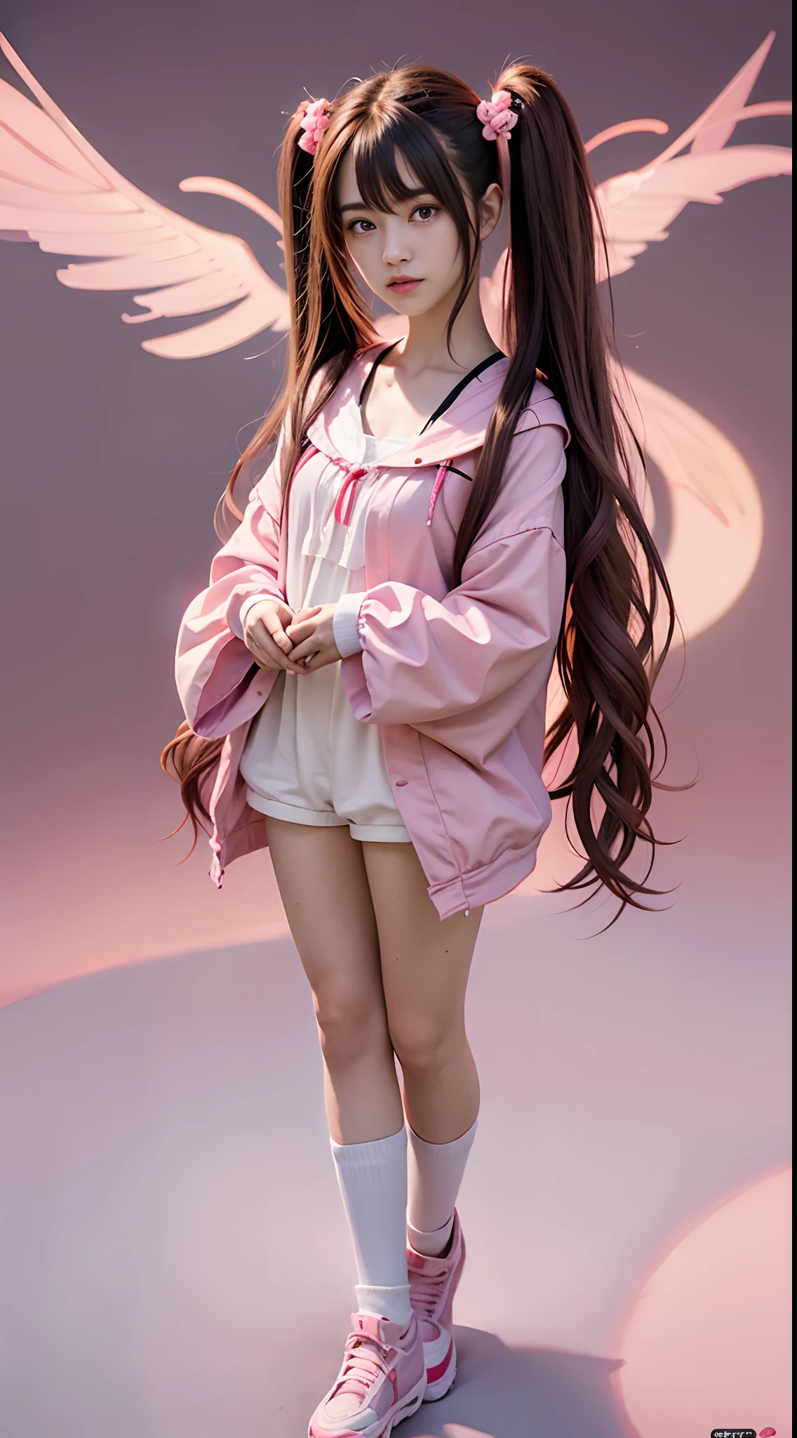 (Best Quality,4K,High resolution), 18yo woman, Pink mesh hair on brown hair, long twin tail hair , Comical appearance,(Best Quality,4K,High resolution), 18yo woman, Pink highlights on brown hair, Longhair, Twin-tailed,Twin-tailed hair, Transforming Woman,Big fairy wings,Beautiful eyes ,big eye,Red glowing eyes,Facial expression enhancement,,Changing the Appearance of a Transform,Delicate illustrations drawn in detail,Intricately decorated hooded long jacket,pink and red color scheme,Denim shorts,cross belt,Realistic portrayal,Vibrant colors,expresive,Classic background(Best Quality,4K,High resolution), Comical appearance,(Best Quality,4K,High resolution), 18yo woman, Pink highlights on brown hair, Long twin tails, ssmile, Pretty Woman,Beautiful eyes ,kawaii eyes,comic strip,animesque,Comical illustration,busy,Deformed cute illustration,Full body projection,Big fairy wings on sky background