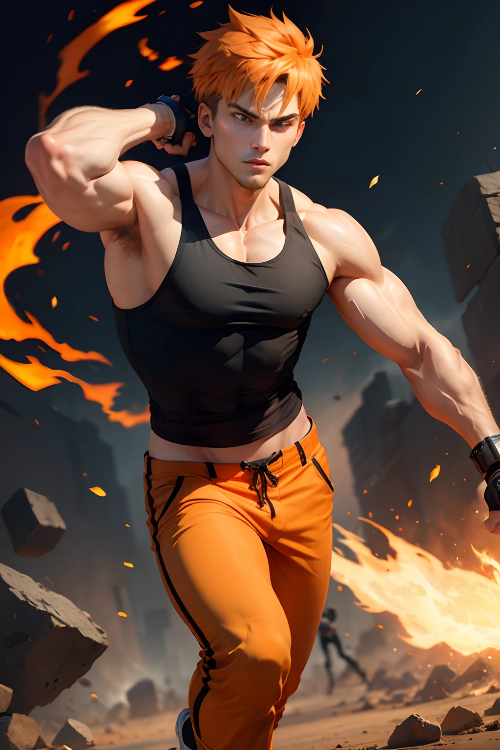 male character, thin, delivering a powerful fire punch to the ground, shaking the entire earth, loose orange pants, black tank top