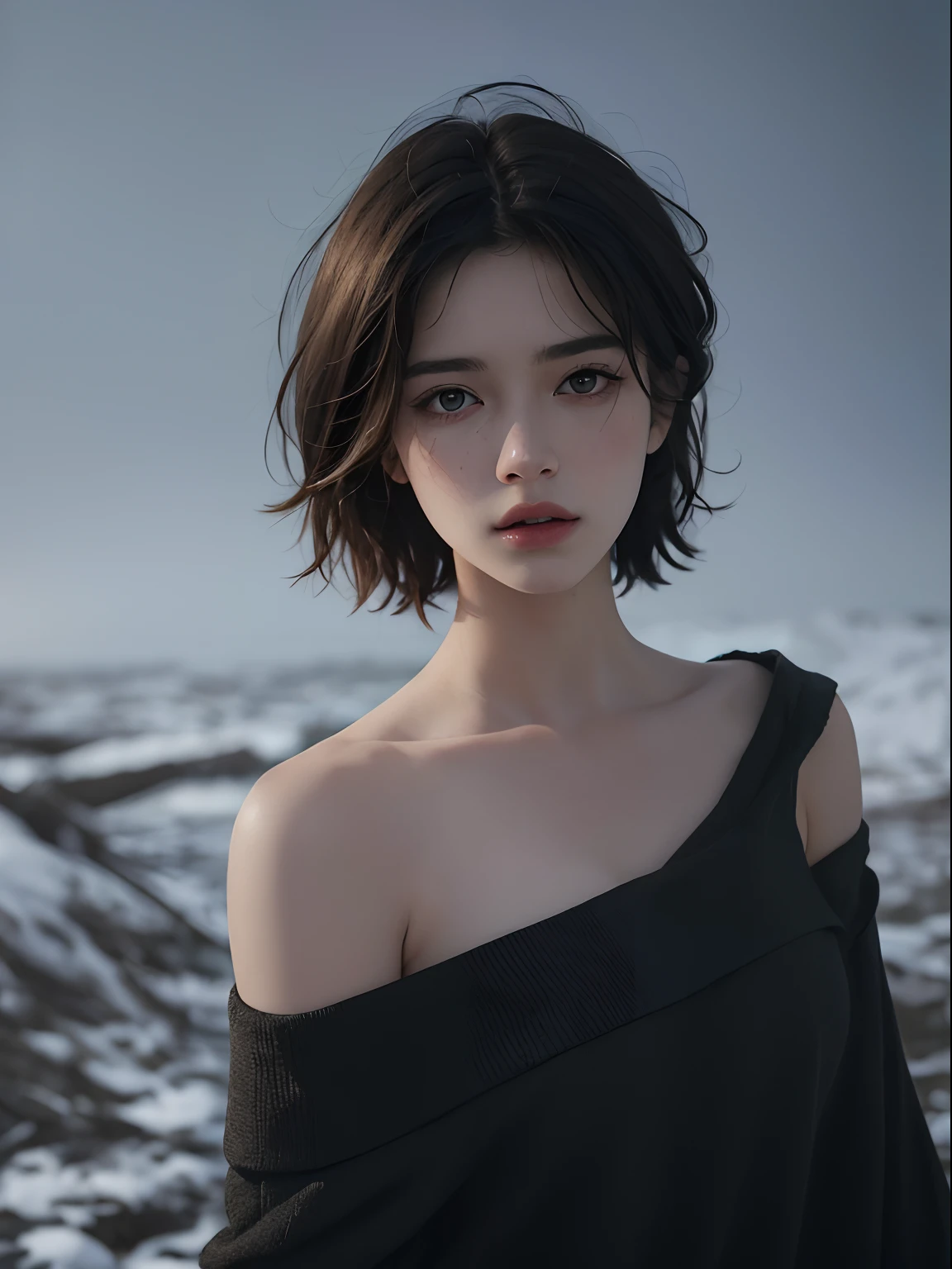 Best quality, masterpiece, ultra high res, (photorealistic:1.5), raw photo, 1girl, offshoulder, in the dark, deep shadow, low key, cold light, sexy look, short hair