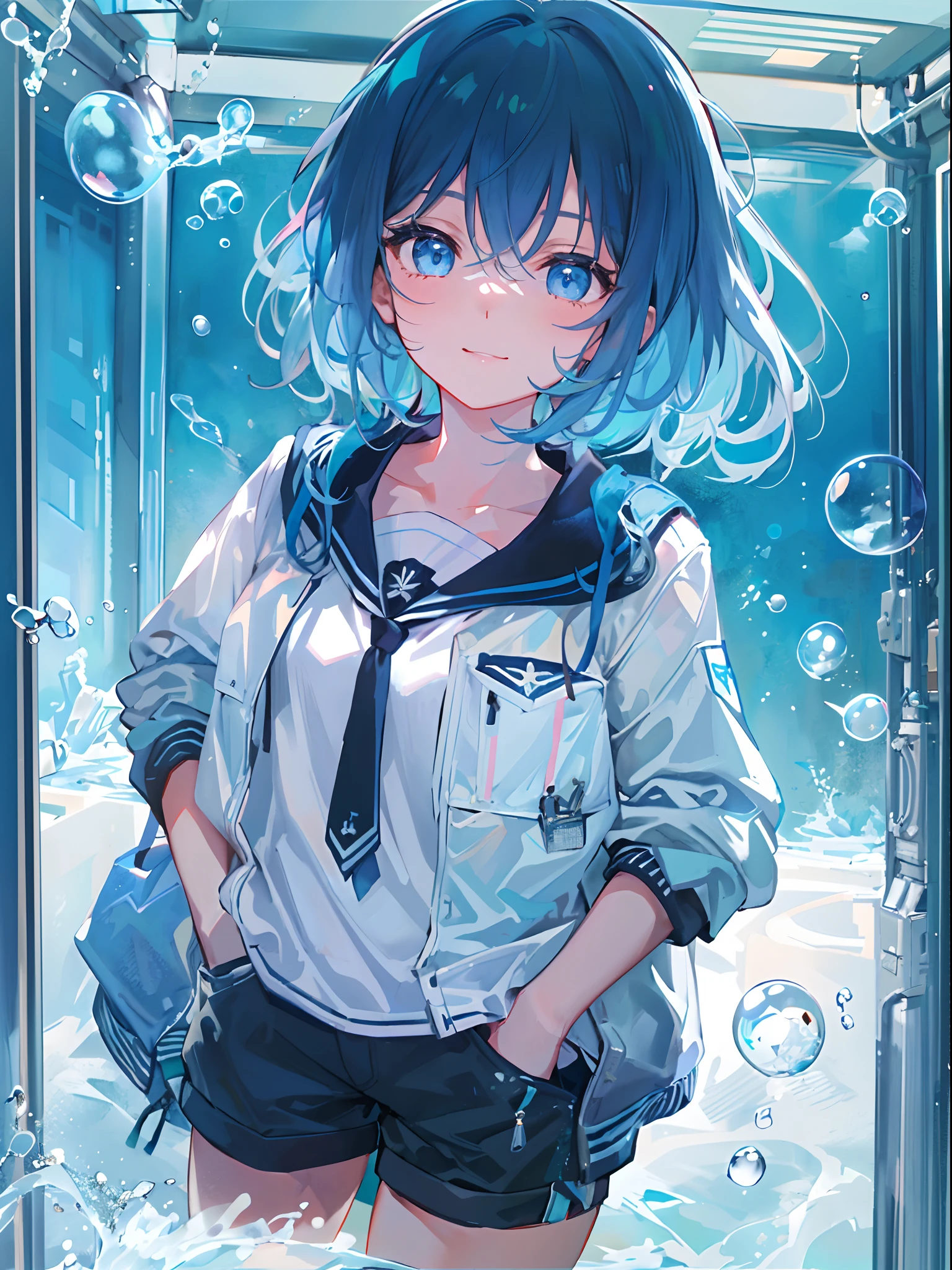 ((top-quality)), ((masterpiece)), ((ultra-detailliert)), (extremely delicate and beautiful), girl with, 独奏, cold attitude,((Black jacket)),She is very(relax)with the(Settled down)Looks,A dark-haired, depth of fields,evil smile,Bubble, under the water, Air bubble,bright light blue eyes,Inner color with light blue hair and dark blue tips,Cold background,Bob Hair - Linear Art, shortpants、knee high socks、White uniform like school uniform、Light blue ribbon ties、Clothes are sheer、Hands in pockets((top-quality)), ((masterpiece)), ((ultra-detailliert)), (extremely delicate and beautiful), girl with, 独奏, cold attitude,((Black jacket)),She is very(relax)with the(Settled down)Looks,A dark-haired, depth of fields,evil smile,Bubble, under the water, Air bubble,bright light blue eyes,Inner color with light blue hair and dark blue tips,Cold background,Bob Hair - Linear Art, shortpants、knee high socks、White uniform like school uniform、Light blue ribbon ties、Clothes are sheer、Hands in pockets