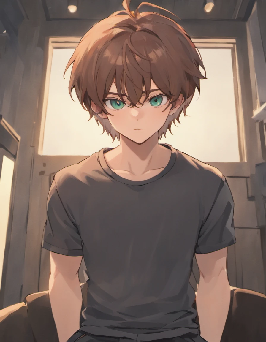 (Masterpiece,best quality,ultra_detailed,highres,absurdres),1boy, male focus, in his 20's with brown hair and green eyes. Medium tanned skin, lots of freckles, glasses. Fluffy dark brown hair, pierced ears. Strong looking. Wearing modern style clothes. In a bedroom. Relaxed expression. Masculine. Slightly flirty. Wearing stud earrings, a grey tanktop, and black sweatpants.
