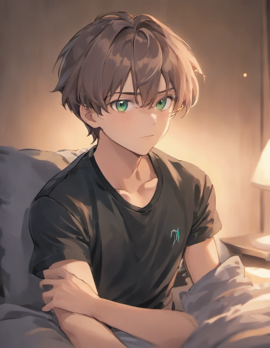 (Masterpiece,best quality,ultra_detailed,highres,absurdres),1boy, male focus, in his 20's with brown hair and green eyes. Medium tanned skin, lots of freckles, glasses. Fluffy dark brown hair, pierced ears. Strong looking. Wearing modern style clothes. In a bedroom. Relaxed expression. Masculine. Slightly flirty. Wearing stud earrings, a grey tanktop, and black sweatpants.