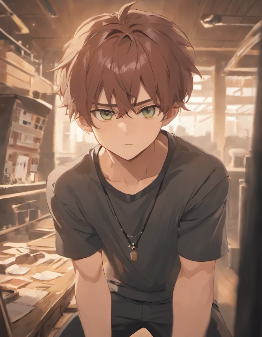 (Masterpiece,best quality,ultra_detailed,highres,absurdres),1boy, male focus, in his 20's with brown hair and green eyes. Medium tanned skin, lots of freckles, glasses. Fluffy dark brown hair, pierced ears. Strong looking. Wearing modern style clothes. In a bedroom. Relaxed expression. Masculine. Slightly flirty. Wearing stud earrings, a grey tanktop, and black sweatpants.