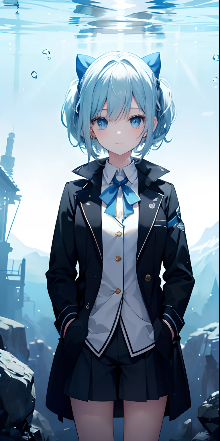 ((top quality)), ((masterpiece)), ((ultra-detailed)), (extremely delicate and beautiful), girl with, solo, cold attitude, ((black overcoat)), She is very (relax )with(Sat)Looks,A dark hair, depth of fields,evil smile,bubble,underwater,air bubble,bright light blue eyes,Inner color with light blue hair and dark blue tips,Cold bottom ,Bob Hair - Linear Art, short pants、knee high socks、White uniform like school uniform、Light blue ribbon bows、The clothes are pure、hands in pockets((superior quality)), ((masterpiece)), ( (ultra-detailed)) of fields,evil smile,bubble,underwater,air bubble,bright light blue eyes,Inner color with light blue hair and dark blue tips,Cool bottom,Bob Hair - Linear Art,short pants、knee high socks、 White uniform like school uniform、Light blue ribbon bows、Clothes are pure、hands in pockets