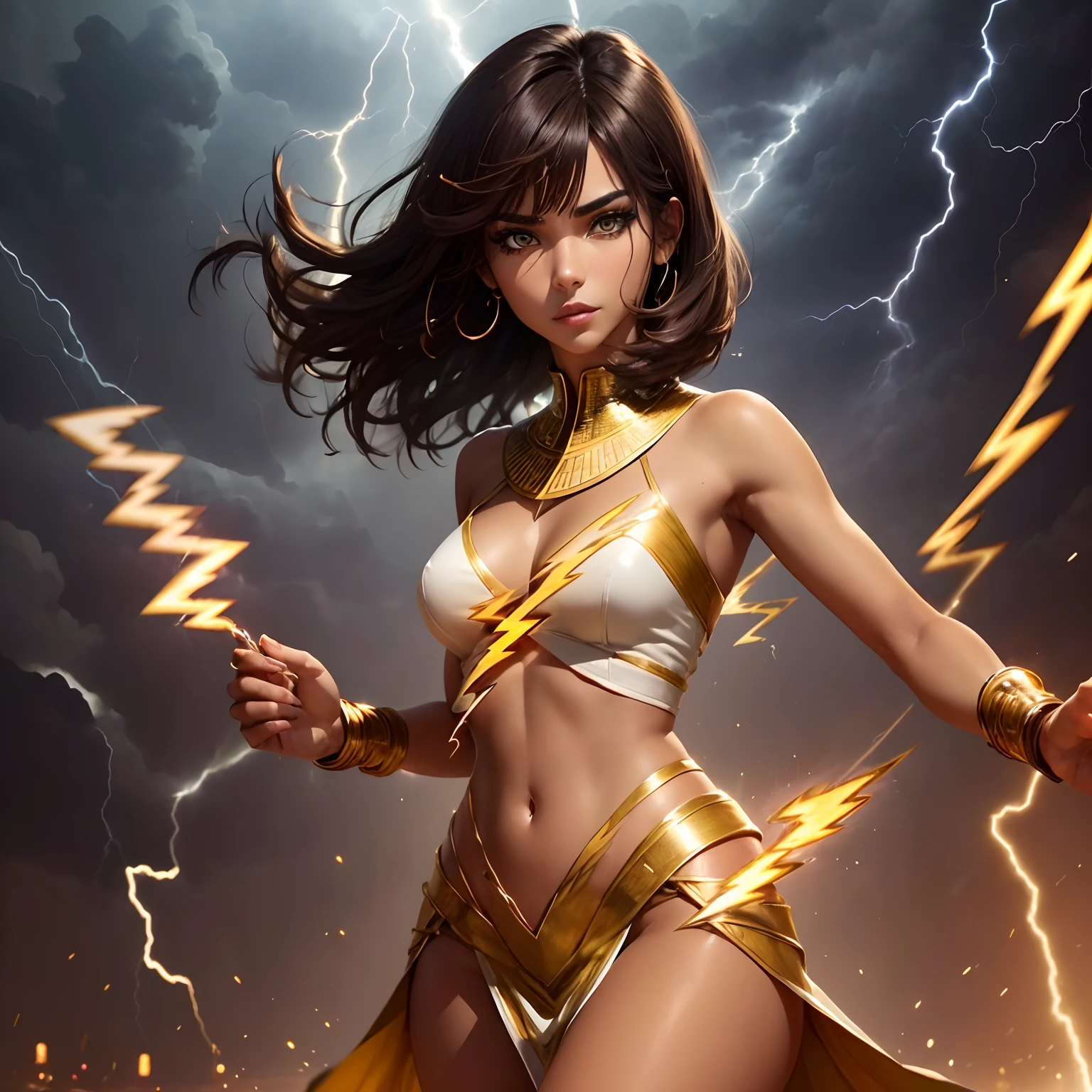 (Best Quality,Ultra-detailed,Realistic:1.37)、Ancient Egyptian magician attacks with lightning magic、An 18-year-old woman、１femele、独奏、(Sharp eyes:1.5)、Beautiful face of attractive Egyptian woman、Egyptian Women's Makeup、(Blue and long eyeliner:1.3)、Aggressive look、A dark-haired、(Hairstyle is short hair:1.5)、Stylish Egyptian Dresses、White sheath dress、golden colour、Golden bangles、(tanned brown skin:1.5)、(Shoot lightning from her hands:1.5)、perfect hand、Yellow Gemstones、Full body