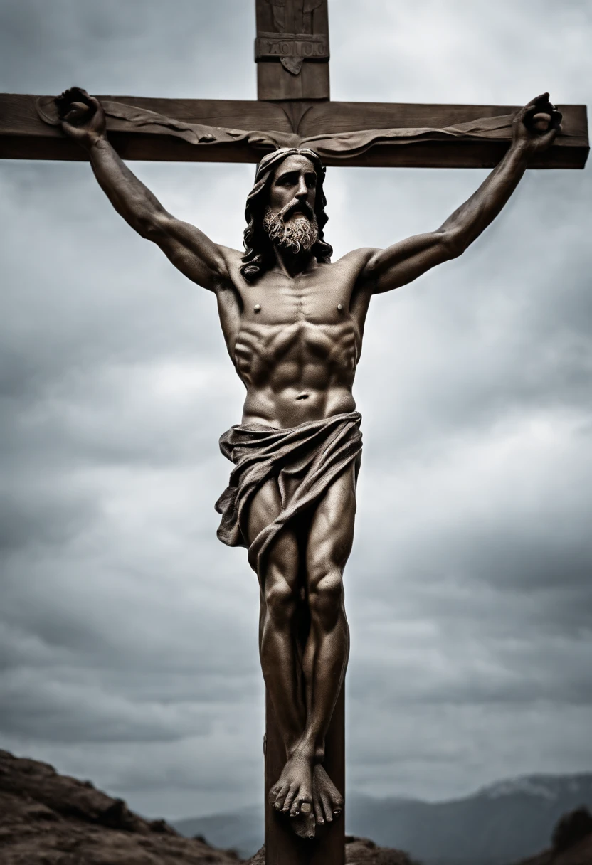 Jesus on the cross, image with many details, thorns, Jesus with many details on the skin, muscles defined by malnutrition, blurred background, many details on the cross and the ground, hyper realistic style, ultra realistic