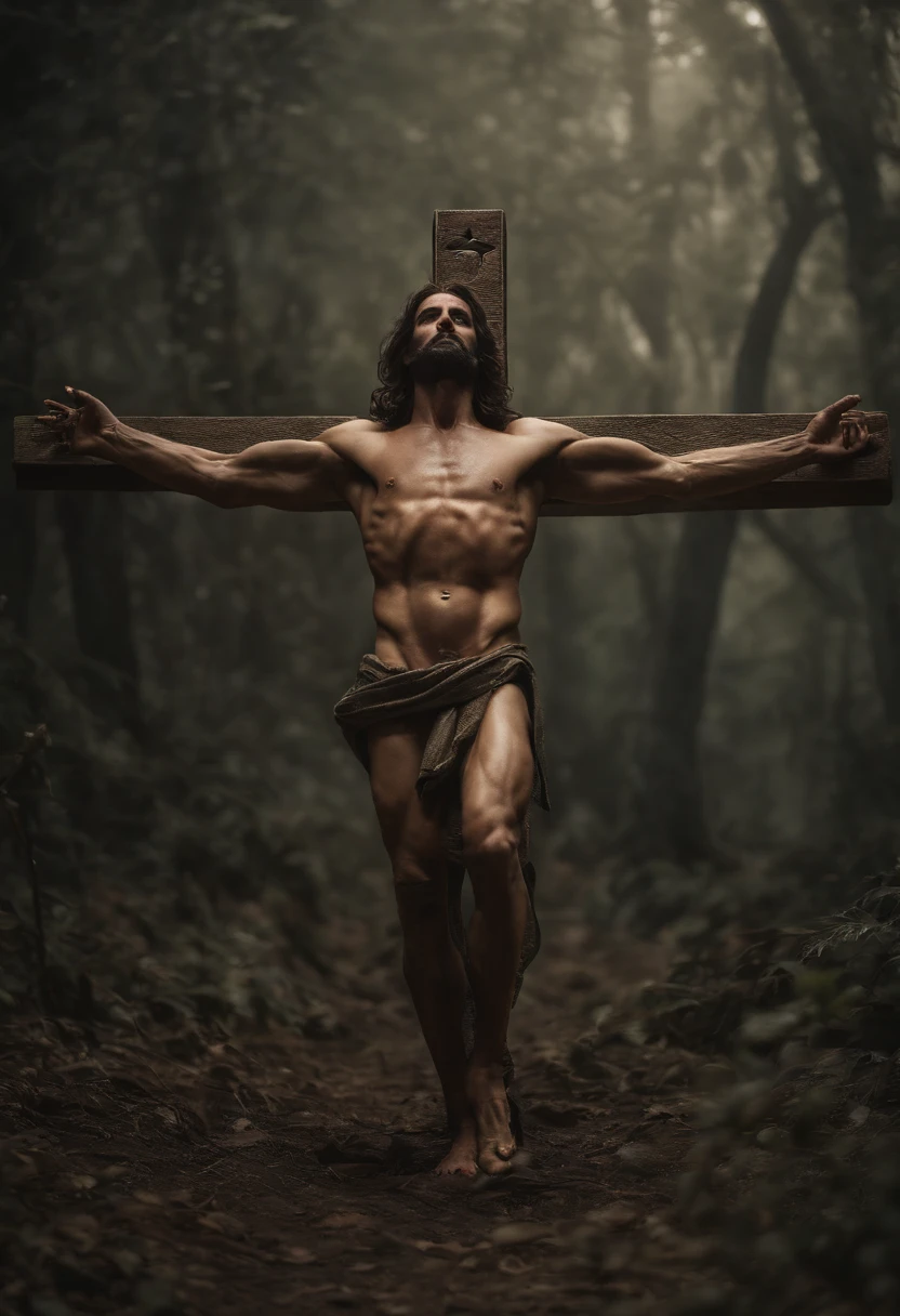 Jesus on the cross, image with many details, thorns, Jesus with many details on the skin, muscles defined by malnutrition, blurred background, many details on the cross and the ground, hyper realistic style, ultra realistic