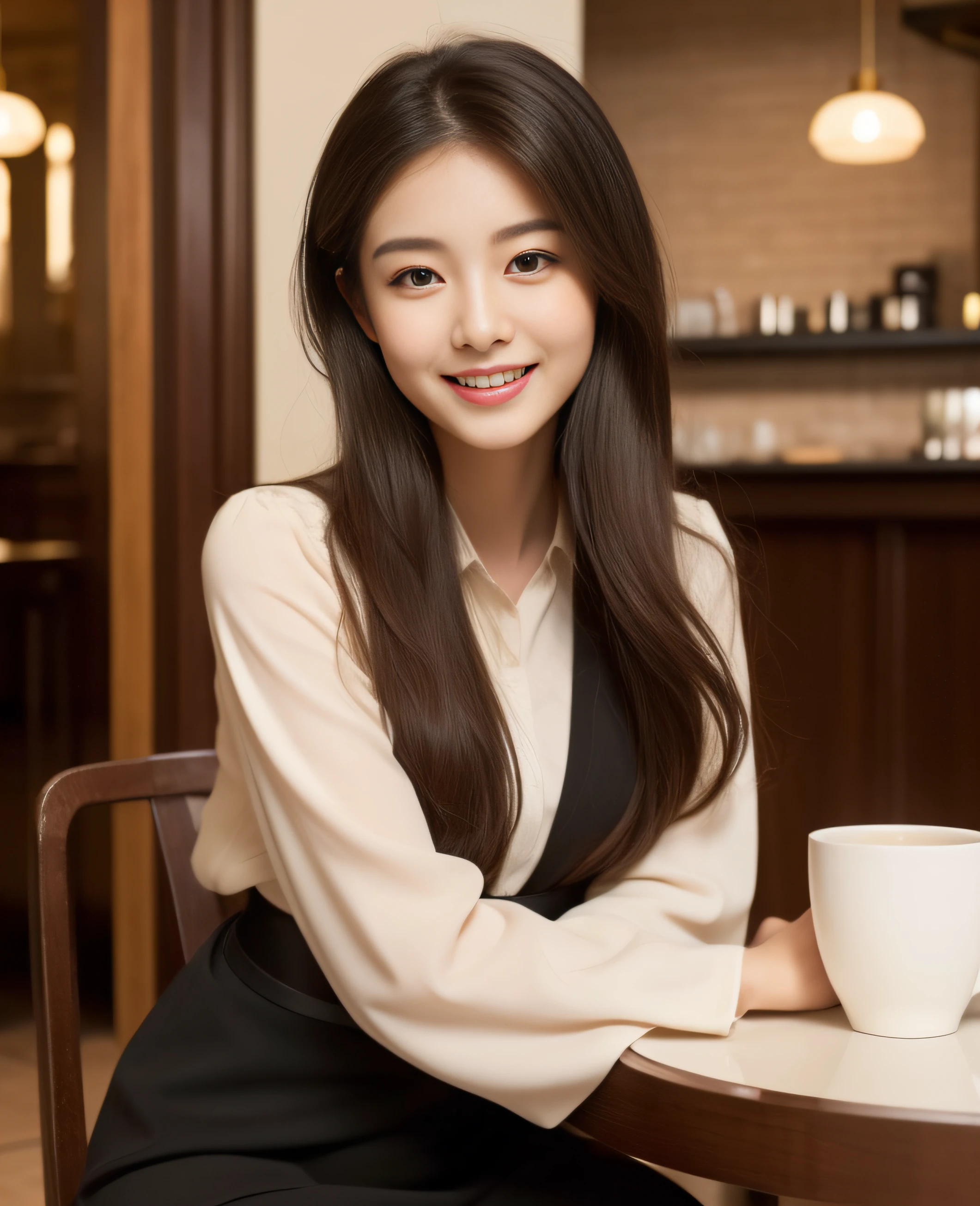 ((Top quality, 8K, Masterpiece: 1.3)), Beautiful girl, Pure, Melon face, Kind and cute, Sweet smile, Pure desire, Slender body, (Front), (Tilted head), ((Looking at camera) ), wearing a raspberry ripple colored suit, black silky long hair, long flowing shoulders, round black big eyes, clear big eyes, moist red lips, sweet, sitting on a chair, cafe background ,(((waist shot))),,
