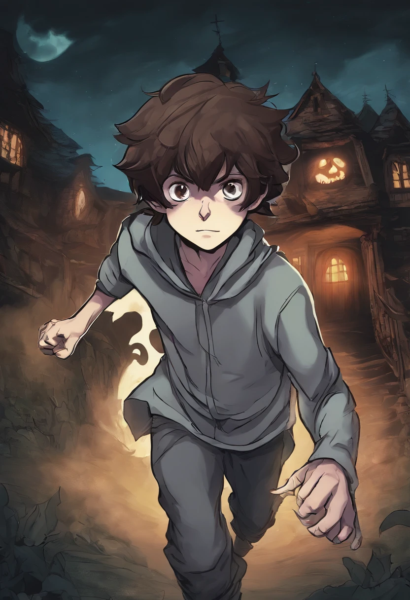 Young adult boy with messy brown hair, gray eyes and white skin, costumes of horror movie character, background in a horror house at nigh, Running in the foreground looking at the viewer with one hand to reach him, Boy with a ghost mask and black hood, anime semi realistic style