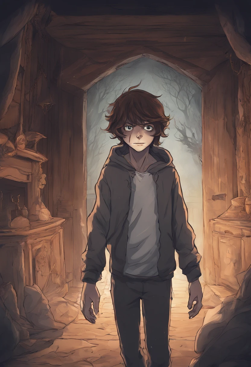 Young adult boy with messy brown hair, gray eyes and white skin, costumes of horror movie character, background in a horror house at nigh, Running in the foreground looking at the viewer with one hand to reach him, Boy with a ghost mask and black hood, anime semi realistic style