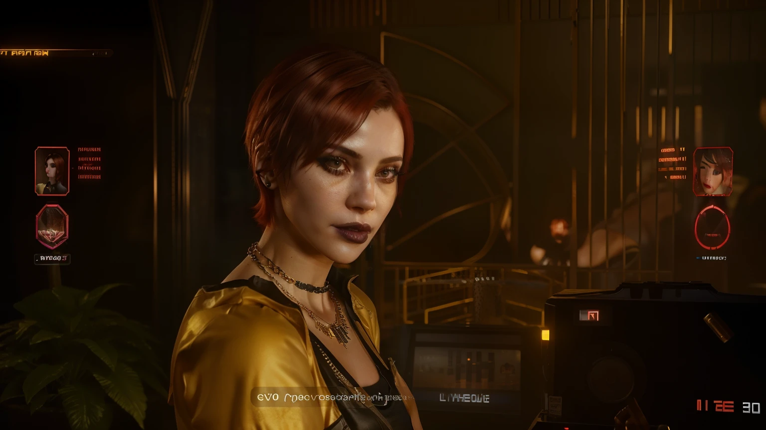 there is a french woman with fairskin, short red hair, blush, black lipstick, black eyeliner   with a necklace and a yellow dress, in cyberpunk 2077, video game cutscene, photorealistic