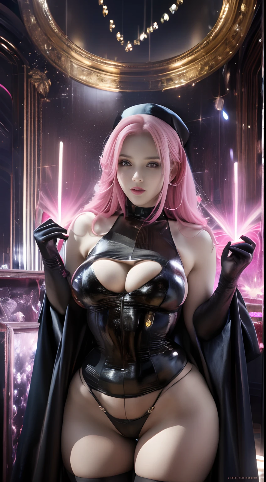 (masterpiece), best quality, high detailed cg, Wide-angle lens, Barrel distortion, dutch angle, chromatic aberration, light flares, gentlemen's club illumination, blurry background, gentlemen's club background, viewed from the front, Toned body, sparkling glitter over body, glitter, catholic nun black tight robe, nun, full body, sexy high heels, huge perfect breasts, perfect skin boobs, hourglass shape body, wide hips, intricate details, two-tone pink hair, expressive eyes, highly detailed eyes, purple blowing eyes, heart shaped pupil, perfect face, mature pleasure and aroused face, glowing light, sparkling illumination, breast grab,