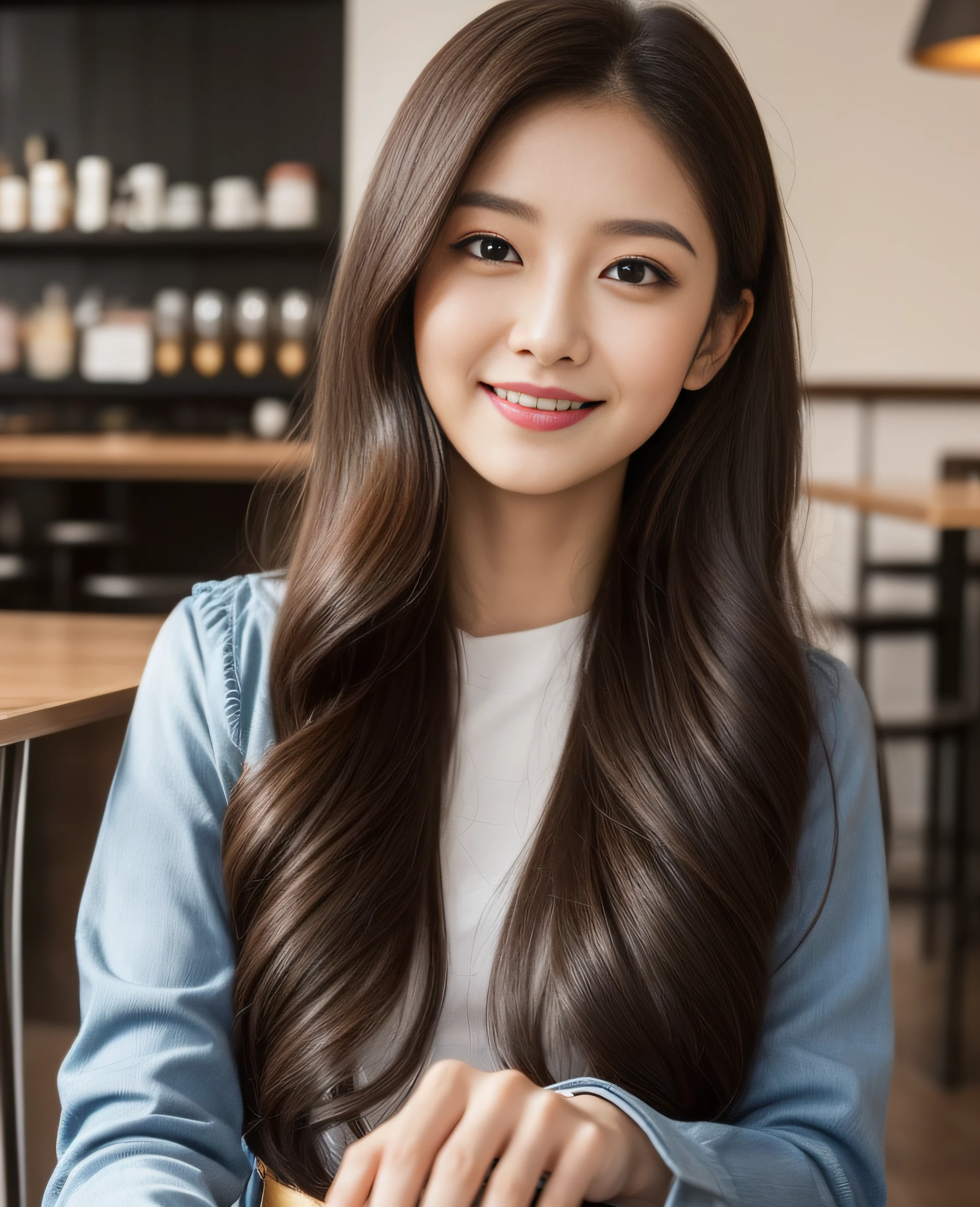 ((Top quality, 8K, Masterpiece: 1.3)), Beautiful girl, Pure, Melon face, Kind and cute, Sweet smile, Pure desire, Slender body, (Front), (Tilted head), ((Looking at camera) ), wearing a raspberry ripple colored suit, black silky long hair, long flowing shoulders, round black big eyes, clear big eyes, moist red lips, sweet, sitting on a chair, cafe background ,(((waist shot))),,
