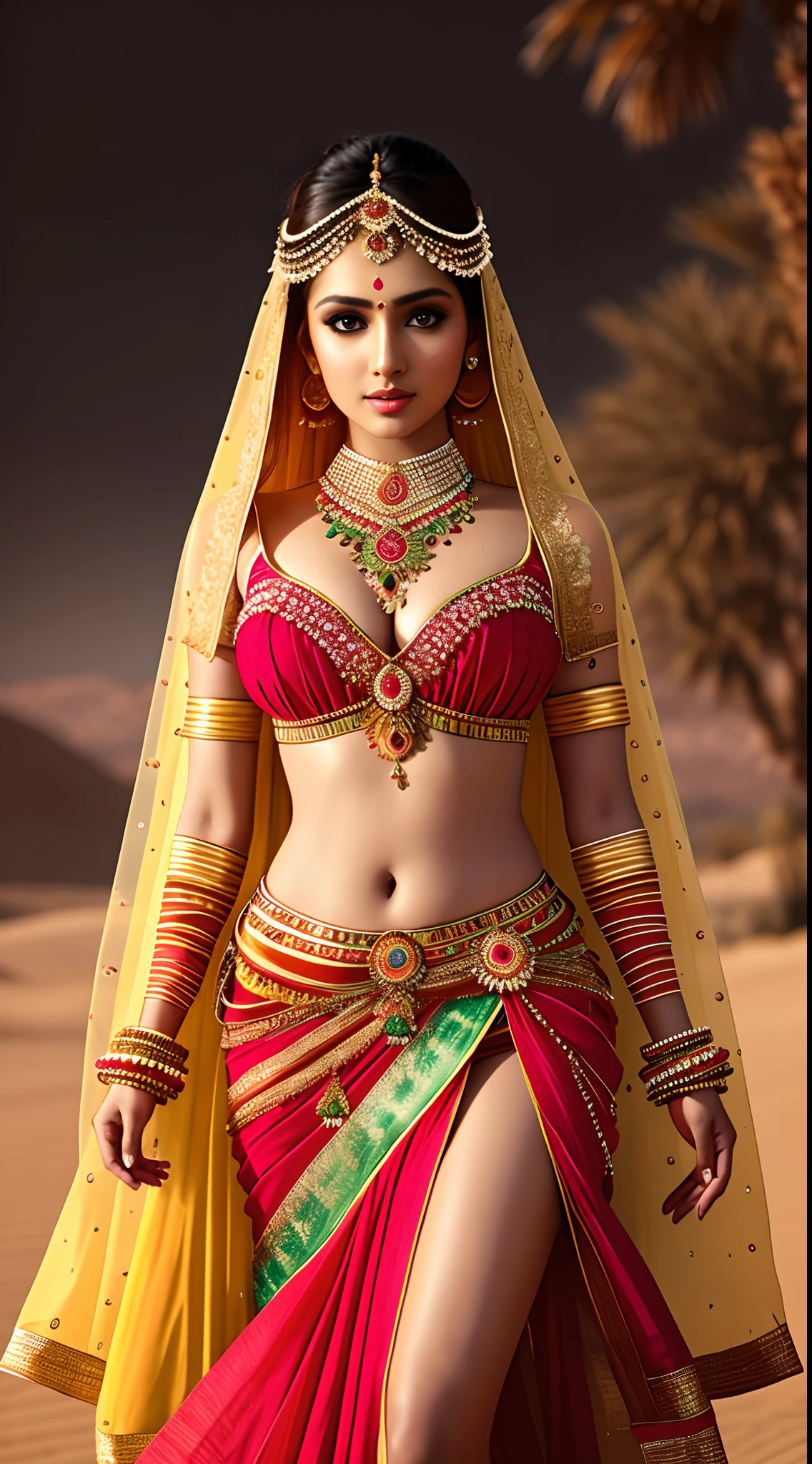 create 25 year old beautiful Indian bride in Full body photography of the most beautiful artwork in the world, a beautiful woman in intricate costume burning in the desert, rainbow colors, ArtStation, CGSociety, complex, high detail, clear focus, dramatic, realistic pictorial art trends Greg Rutkovsky, dynamic pose, 8k, big breasts, sexy