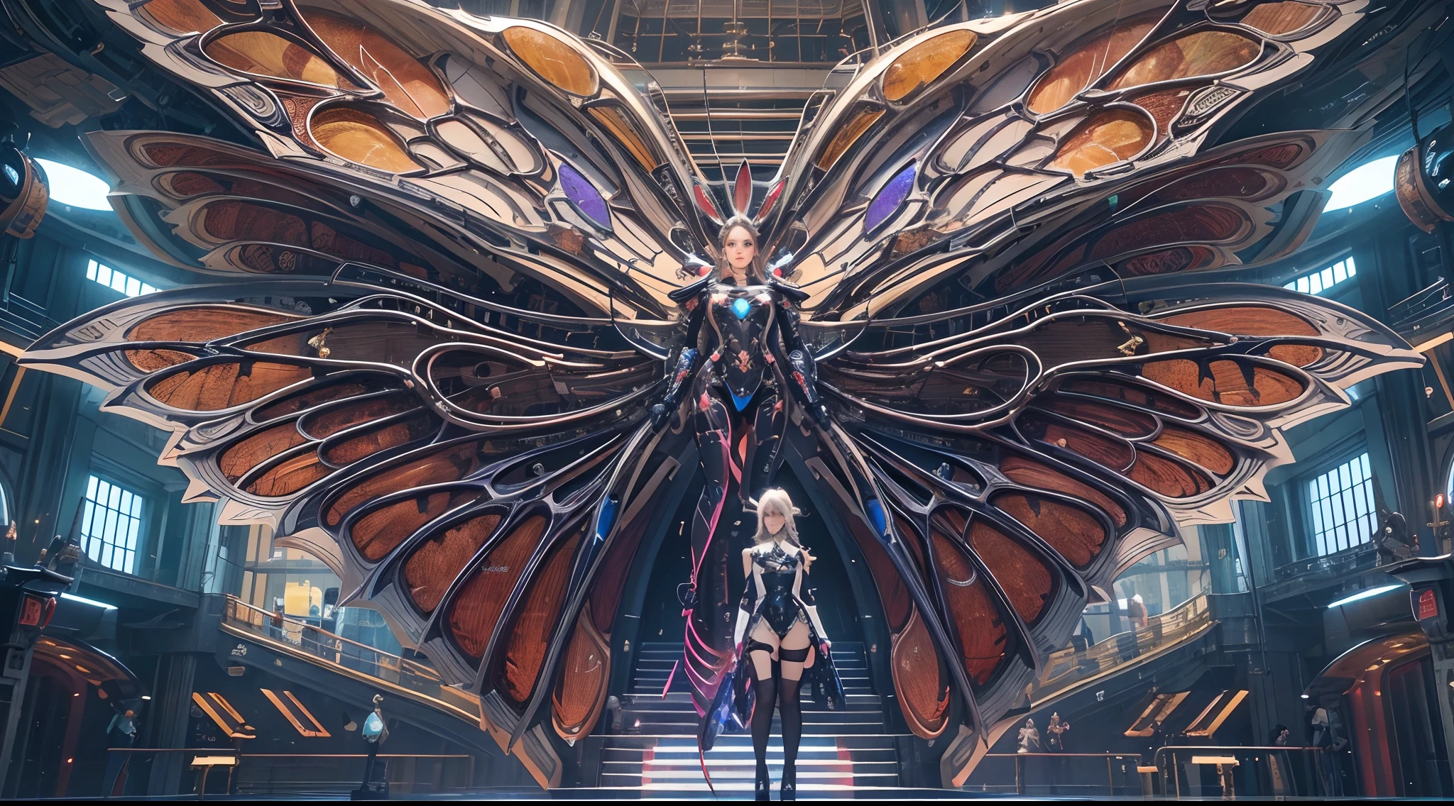 wide wide shot,(Best quality,4K,8K,A high resolution,Masterpiece:1.2),Ultra-detailed,(Realistic,Photorealistic,photo-realistic:1.37),Mechanical Woman,Huge butterfly wings,Shiny metal skin,Rabbit ears,(Mechanical body,Mechanical limb),high-heels。nigth,(facing at camera),standing on top of a mountain。Vibrant colors。Science fiction art style.