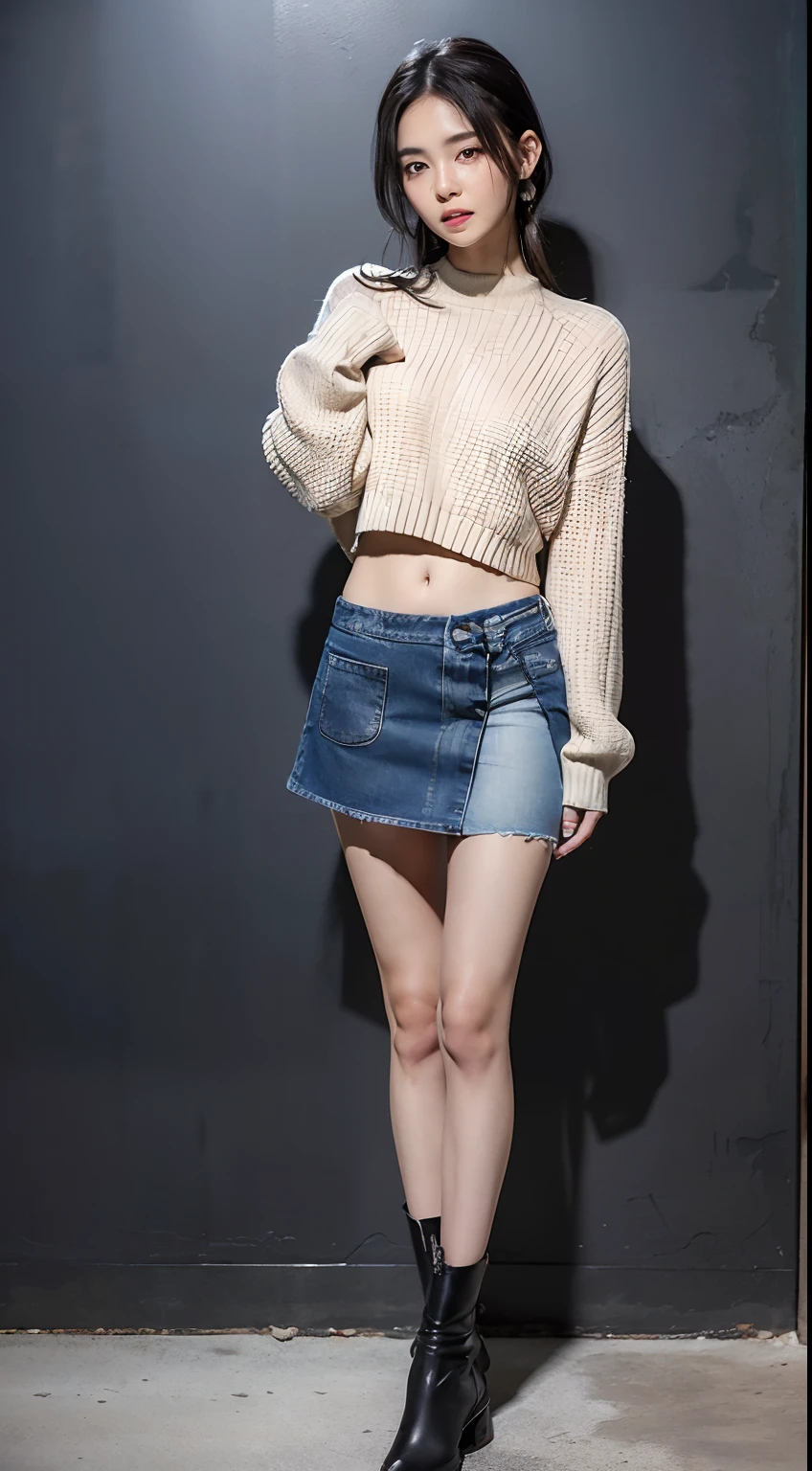 (masuter piece:1.3)、(8K、Photorealsitic、Raw photography、top-quality: 1.4)、(1girl in)、Beautiful expression、(Lifelike face)、(A dark-haired、long)、 Beautiful hairstyle、realisticeyes、Beautiful details、（real looking skin）、Beautiful skins、absurderes、enticing、超A high resolution、A hyper-realistic、high-detail、the golden ratio、 ((wide open abdomen))、((open abdomen))、((wide open navel))、((open navel))、((Mid-Riff Sweater))、((Ultra-low rise、Denim Mini Skirt))、 ((Navel Ejection))、((small hips))、((long limbs))、((Full body depiction))、((small  hip))、(long boots)、((Ultra-low rise))、((Denim Mini Skirt))、((is standing))、
