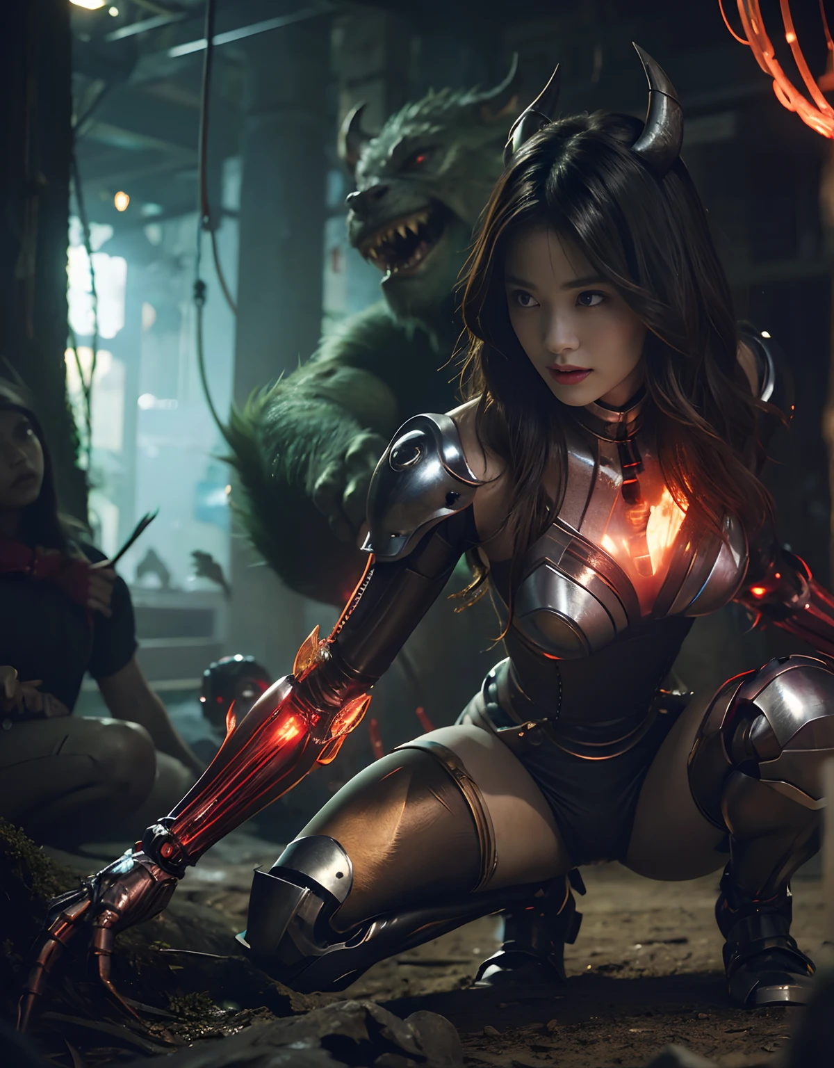 (1 Mechanical Girl)、top-quality、masterpiece、超A high resolution、(Photorealsitic:1.4)、Raw photo、女の子1人、Fight mutants、glowy skin、(((1 Mechanical Girl)))、With a beautiful knife、(Yellow Metal Bodysuit)、(Kobold、ogre、Fierce battle with orcs),(Fight fiercely against aliens)、Fight fiercely、(beautiful forest background)、(Fighting Demonic Beasts)、(Small LED)、((super realistic details))、portlate、(Strong giant demon beast background),globalillumination、Shadow、octan render、8K、ultrasharp、Colossal tits、Raw skin is exposed in cleavage、metals、Details of complex ornaments、Japan details、highly intricate detail、Realistic light、(Mystical expression),CGSoation Trends、Red Eyes、radiant eyes、Facing the camera、neon details、(Mechanical limbs)、(blood vessels connected to tubes)、Mechanical vertebrae attached to the back、mechanical cervical attaching to neck、(Wires and cables connecting to the head)、Gundam、Small LED、,Mechanical thighs、Toostock、(Hands are also made of machines)、(Attack of the Monster Beasts)、(Wounded in a deadly battle)、