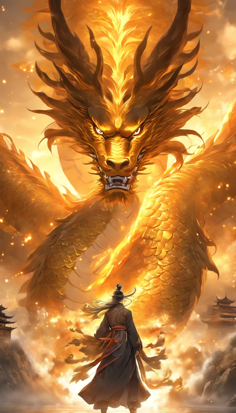 (best quality,8k,ultra-detailed,hyper-realistic:1.2),Chinese landscape,daoist standing in front of a gigantic golden dragon,stretching out his hands,tousled long hair,glowing special effects,hyper-realistic,Chinese black and white ink style,silver shine,muted colors,smudged makeup,ink wash,extremely detailed,high-res,physically-based rendering