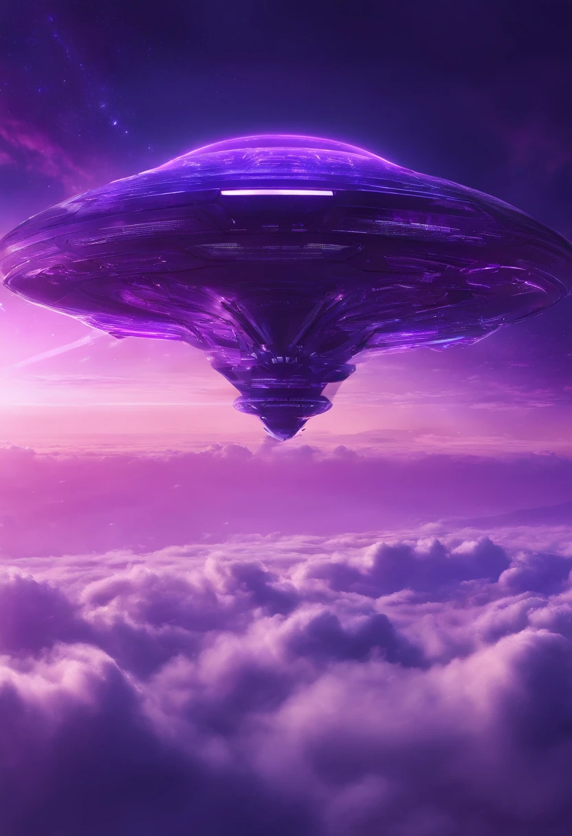 Futuristic alien ship flying above the clouds, Dark sky, purple lighting, rain,Lightning, Ultra photo realsisim, Highly detailed,8K