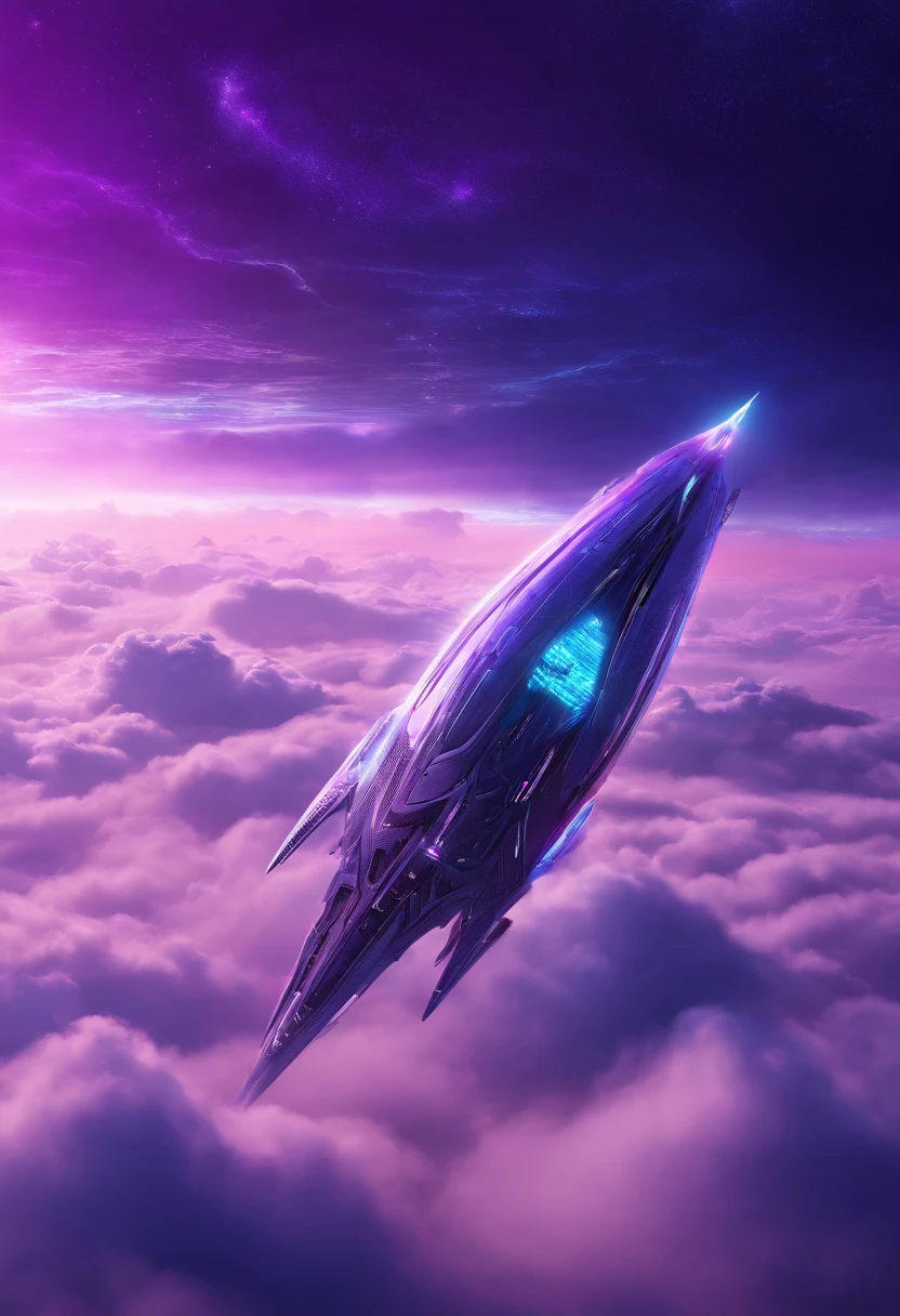 Futuristic alien ship flying above the clouds, Dark sky, purple lighting, rain,Lightning, Ultra photo realsisim, Highly detailed,8K