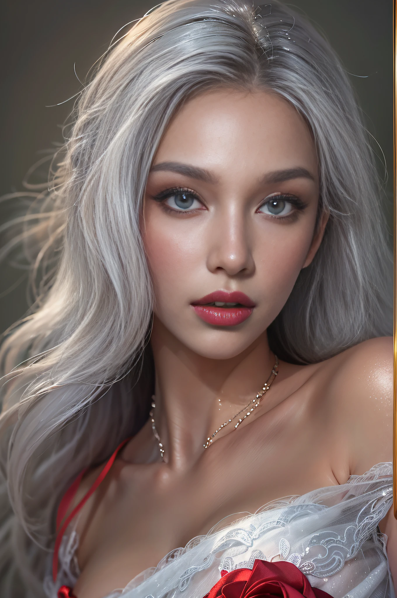 High-definition photo，Photorealistic，Ultra-high resolution large files，8K premium wallpaper，10x pixels，CG wallpaper with clear and realistic details，Top female portraits，Ultra-fine，Ultra-fine details：1.1，Advanced technical details：1.1，dynamicposes，Vampire Woman，Beautiful sexy woman，A sexy mature woman，Royal sister style，Mixed-race females，Long white and silver hair，He has long white and silver hair，Clear and realistic hair，Clear strands of hair，Delicate eyelash makeup，Very careful eyes and face，Beautiful fine eyes，tthin eyebrows，Super detailed eyes，Beautiful sexy big red lips，Mature face，Delicate facial makeup，Careful facial works，, Pretty face, A perfectly proportioned face,（Advanced facial details：1.1）Perfect body shape，Perfect body ratio，Bumpy figure，mannequin，A collection of shiny liquid red luxury dresses，Bright red sequined dress，Bright red sequined coat，Shiny，Tight long skirt，Summer sexy hips wrapped in fishtail sleeveless commute Maxi，Horse socks 100%Oil pastel tray gloss silk gloss 8D black silk woman，Stiletto heels，mitts，Beautiful long dress，wonderful dress，Bright red series，A collection of haute couture dresses，Dress photography，Authentic dress pieces，Slim，sexy for，jewelry，choker necklace，耳Nipple Ring，Bracelet，indoor background，In the banquet hall，Women's artwork，full-body view，Goddess of dress，真实感，Amazing （Korean idol-face）Mature Woman Photography Work，Bright red series，Bright red satin dress，Real Photographics，True and clear，Stylish artwork，Goddess of dress，Women's artwork，full-body view，Fantasyart，Fine top-of-the-line work，High-level detail works