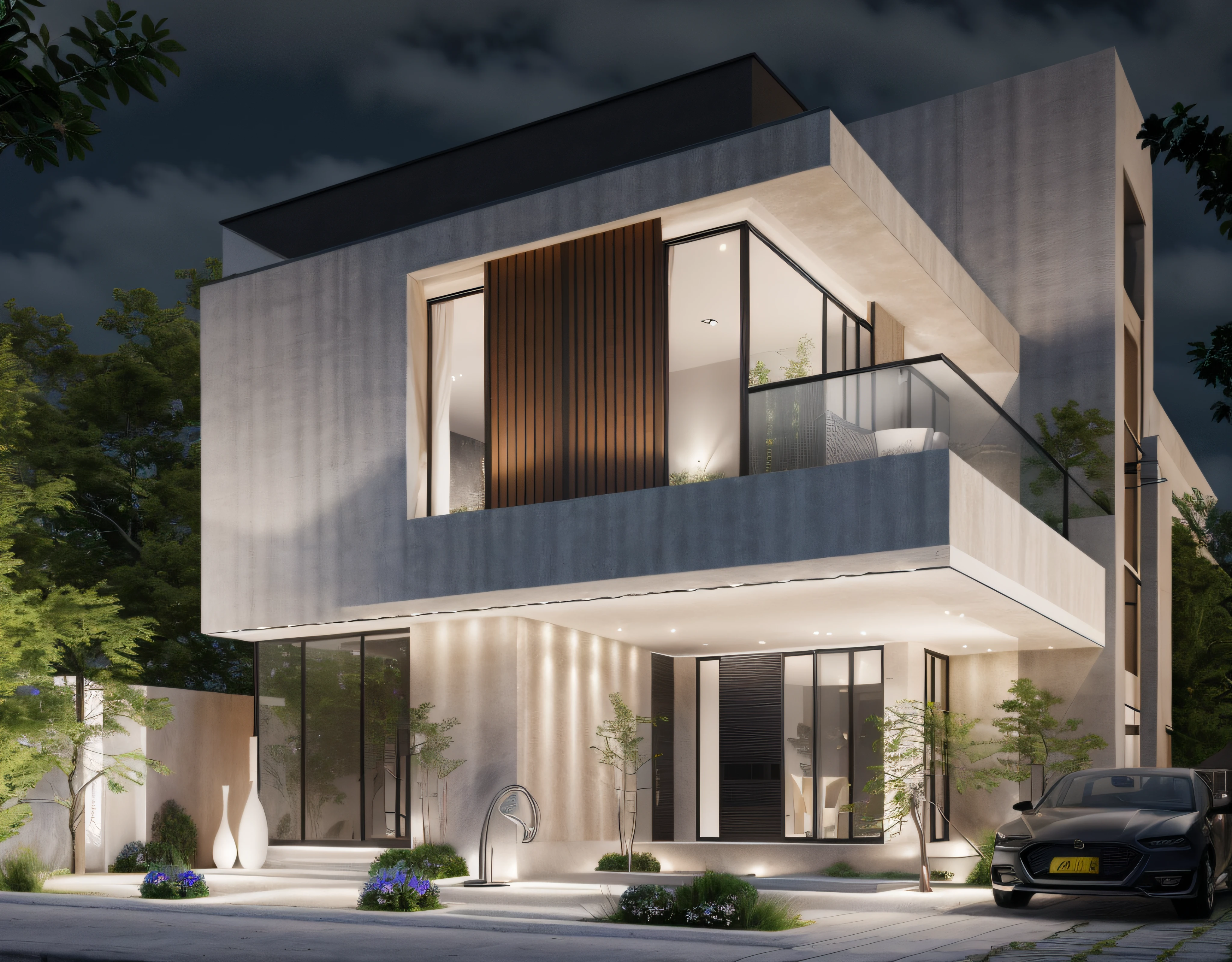 1 morden house, main material by white wall and wood, large yard, 1 road runs in front of the house, (RAW photo, real, best quality, masterpiece:1.2), look morden minimalist, 1 road in front of the house, shime ring light, light brighteness from indoor:1.2, dynamic lighting:1.3, (hyper realistic, photo-realistic:1.2), high quality, (dark lighting:1.2), perfect lighting, archdaily, ((NIGHT SKY:1.2)), ((Terrace glass railing))