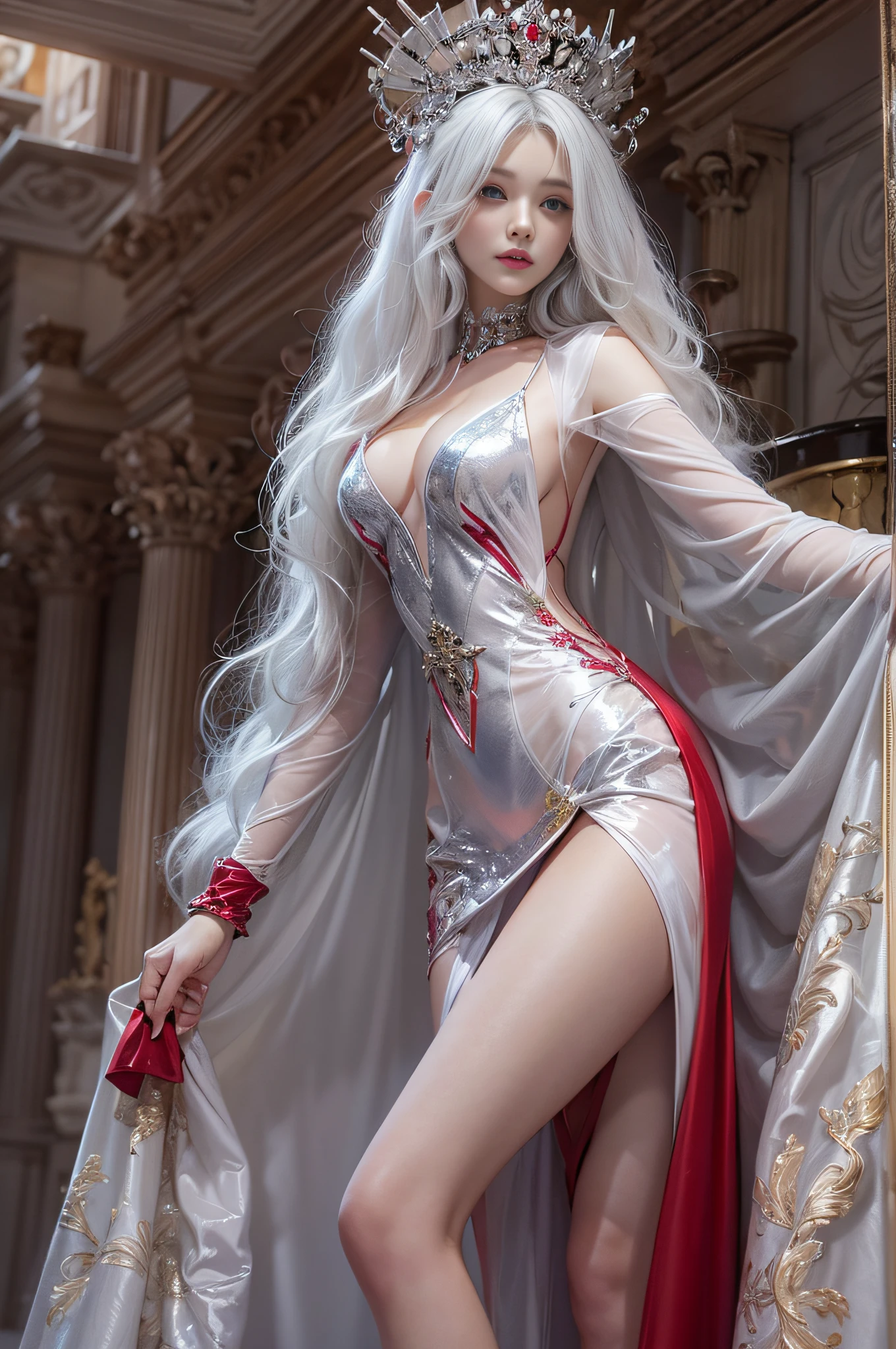 High-definition photo,Photorealistic,Ultra-high resolution large files,8K premium wallpaper,10x pixels,CG wallpaper with clear and realistic details,Top female portraits,Ultra-fine,Ultra-fine details:1.1,Advanced technical details:1.1,dynamicposes,Vampire Woman,Beautiful sexy woman,A sexy mature woman,Royal sister style,Mixed-race females,Long white and silver hair,He has long white and silver hair,Clear and realistic hair,Clear strands of hair,Delicate eyelash makeup,Very careful eyes and face,Beautiful fine eyes,tthin eyebrows,Super detailed eyes,Beautiful sexy big red lips,Mature face,Delicate facial makeup,Careful facial works,, Pretty face, A perfectly proportioned face,(Advanced facial details:1.1)Perfect body shape,Perfect body ratio,Bumpy figure,mannequin,A collection of shiny liquid red luxury dresses,Bright red sequined dress,Bright red sequined coat,Shiny,Tight long skirt,Summer sexy hips wrapped in fishtail sleeveless commute Maxi,Horse socks 100%Oil pastel tray gloss silk gloss 8D black silk woman,Stiletto heels,mitts,Beautiful long dress,wonderful dress,Bright red series,A collection of haute couture dresses,Dress photography,Authentic dress pieces,Slim,sexy for,jewelry,choker necklace,耳Nipple Ring,Bracelet,indoor background,In the banquet hall,Women's artwork,full-body view,Goddess of dress,真实感,Amazing (Korean idol-face)Mature Woman Photography Work,Bright red series,Bright red satin dress,Real Photographics,True and clear,Stylish artwork,Goddess of dress,Women's artwork,full-body view,Fantasyart,Fine top-of-the-line work,High-level detail works