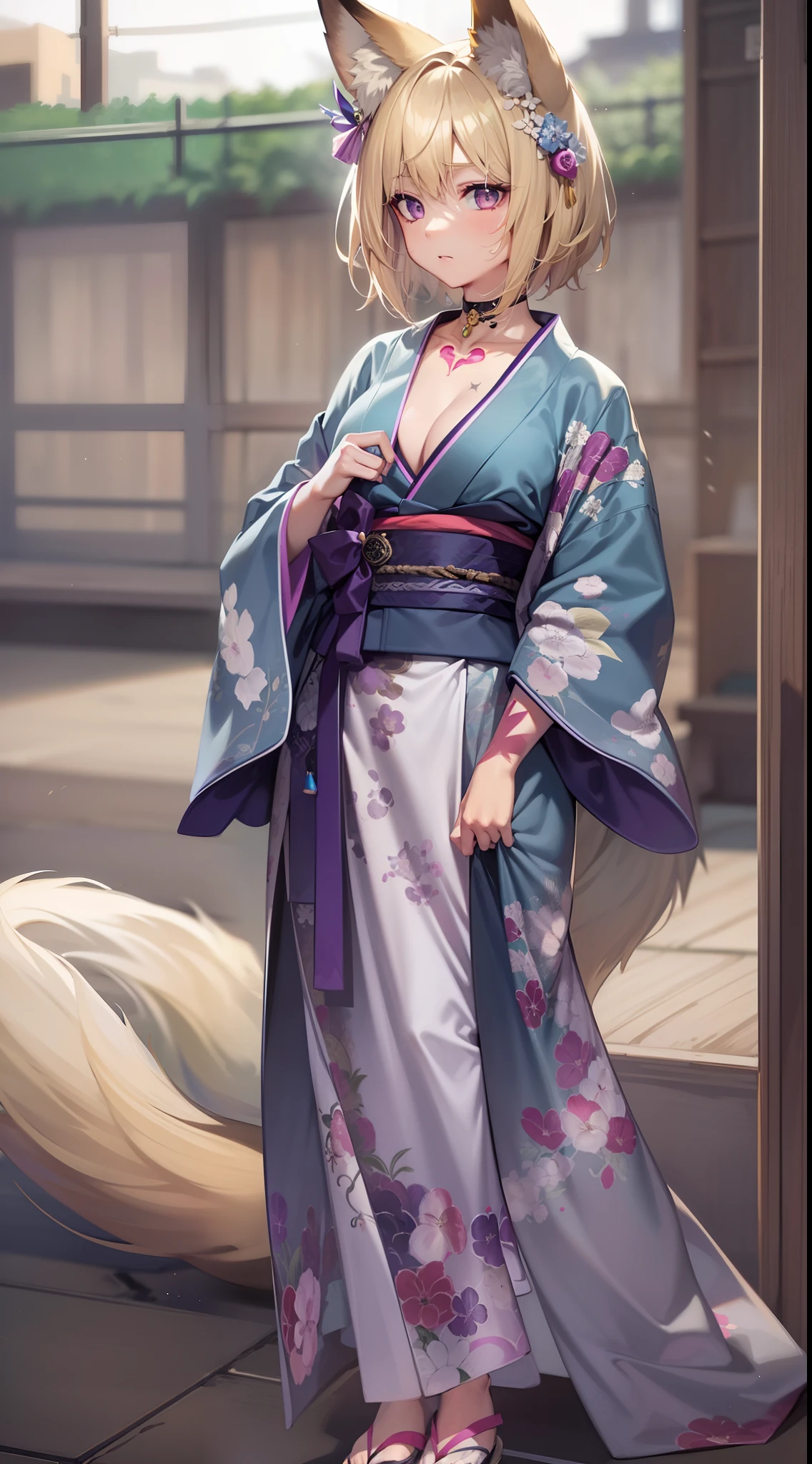 Young girl, short blonde hair, fox ears, purple eyes, tattoo, scars, green kimono, tattoo, open belly, open breasts, vide neckline, long skirt, sad,4k, HD, Good detail