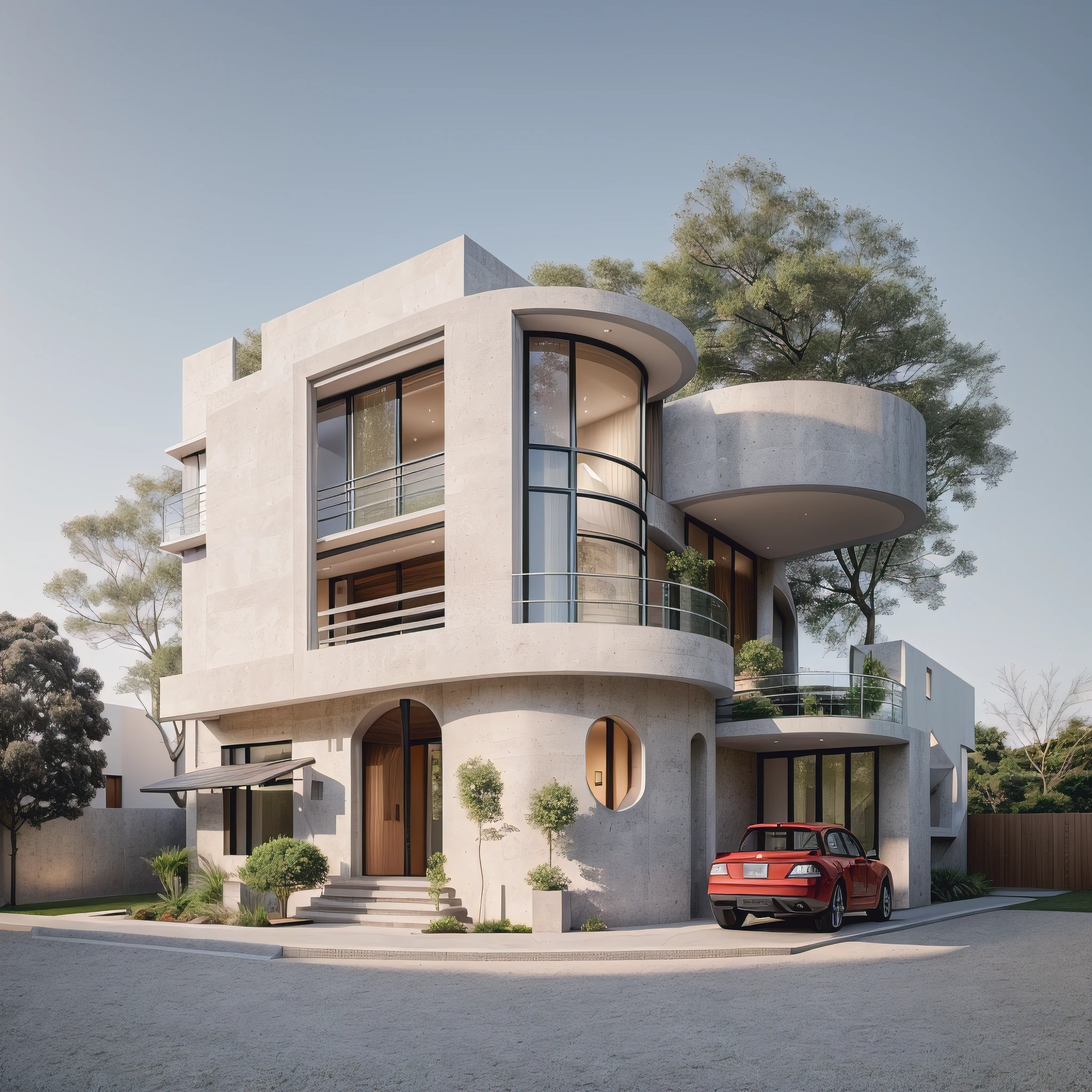 Exterior, morden house, sunset , (RAW photo, real, best quality, masterpiece:1.2), look morden minimalist, 1 road in front of the house, shime ring light, light brighteness from indoor:1.2, dynamic lighting:1.3, (hyper realistic, photo-realistic:1.2)