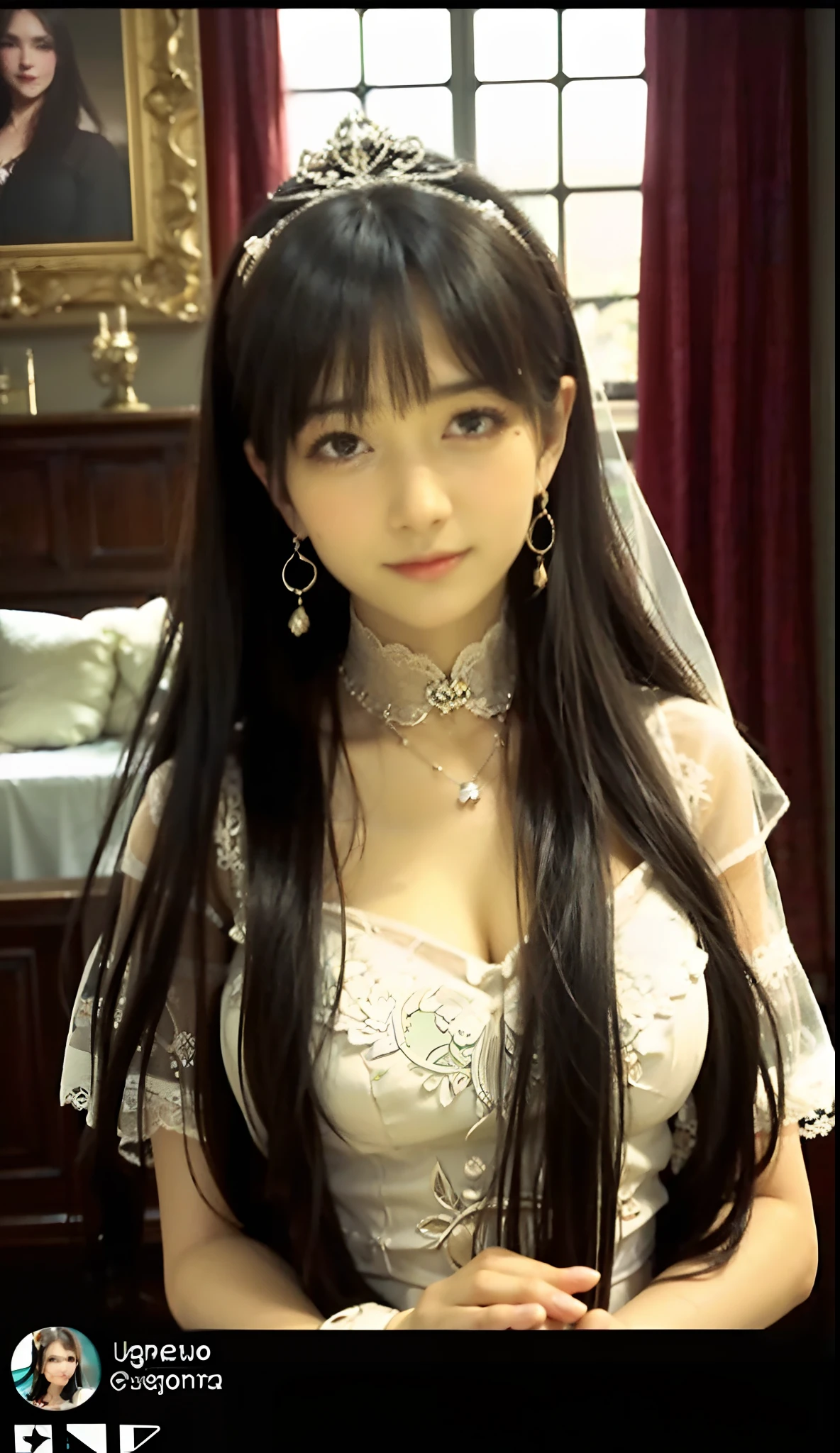 a close up of a woman with long hair and a dress, 1 8 I, 2 , 2 7 years old old, 2 8 yearsars old, 18 yea years old, 2 4 years old, 2 5 I, webcam sc 0 years old wor-old woman，Close-up of a beautiful bride in a beautiful wedding dress, Gurvetz,（pillory：1.5）, （Flail：1.2）,  Flail on the head, Flail on the hands,(Bridal veil: 1.5), (Short transparent veil: 1.5), Flushed face, Head flower, head gear, Very detailed princess wedding dress,(Tubular wedding dress: 1.5), (Silk dress: 1.2 ), (Strapless wedding dress: 1.5), （and floor-length skirts：1.2）, Pure white dress,a white long skirt, necklace, Earrings, (Huge breasts: 1.3), Deep V heart collar wedding dress, bangs, lipstick, (Lace gloves: 1.3),  High detail RAW color art,