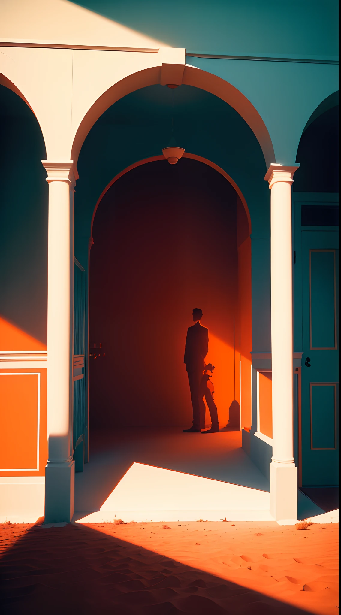 Shadows of men in white shadows 'in a desert yard' 1961 by ritchie siddell sloan, in the los angel, in the style of dark cyan and red, ed freeman, petrina hicks, light orange and red, yashica t4, mirror rooms, flowing silhouettes