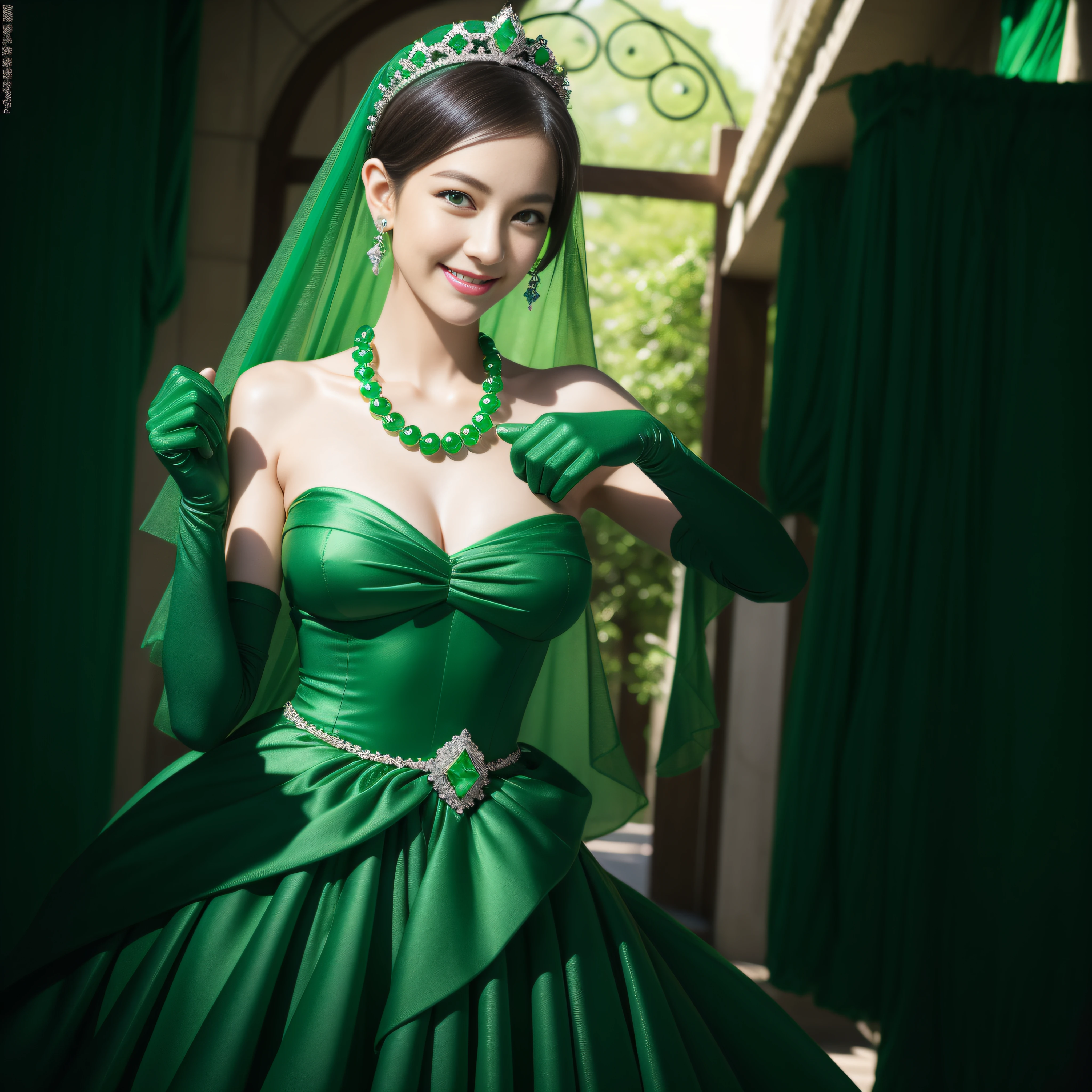 emerald tiara, Green Pearl Necklace, Boyish very short green hair, lipsticks, Japan woman smiling, very short short hair, big breasts beautiful, Green eyes, Long green gloves made of satin material, Green eyes, Emerald Earrings, Green dress