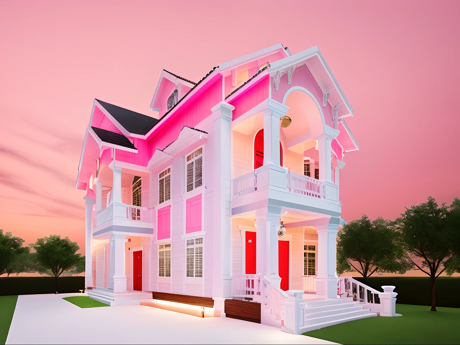 a two-story pink and white house with a red roof. The house has a large porch with white columns and railings. The house has multiple windows with white shutters. The house has a large balcony on the second floor with white railings. The house has a large chimney on the right side of the roof. The house is surrounded by trees and has a brick driveway.