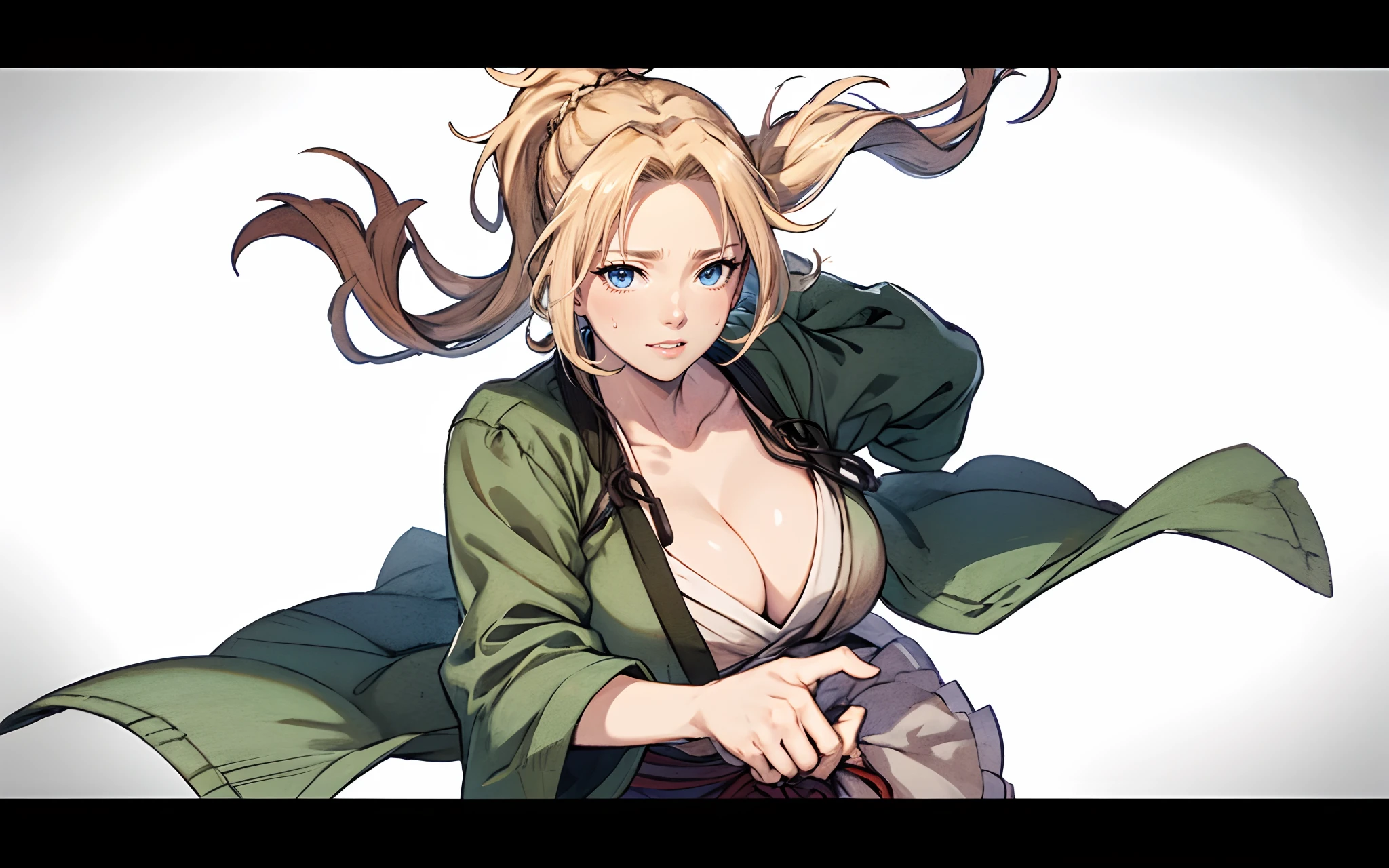 (blonde hair:1.4), blue eyes, low ponytail, letterboxed, 1girl, solo, breasts, japanese_clothes, cleavage, looking_at_viewer, jacket_on_shoulders, lips, upper_body, haori, collarbone, large_breasts