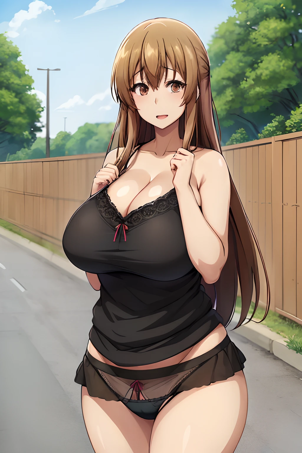 (huge tits), (black panties, bra), best quality, (masterpiece:1.2), highly detailed, street, 1girl, kotegawa nanaka, looking at viewer, slight smile, open mouth, brown eyes, brown hair, cleavage, busty