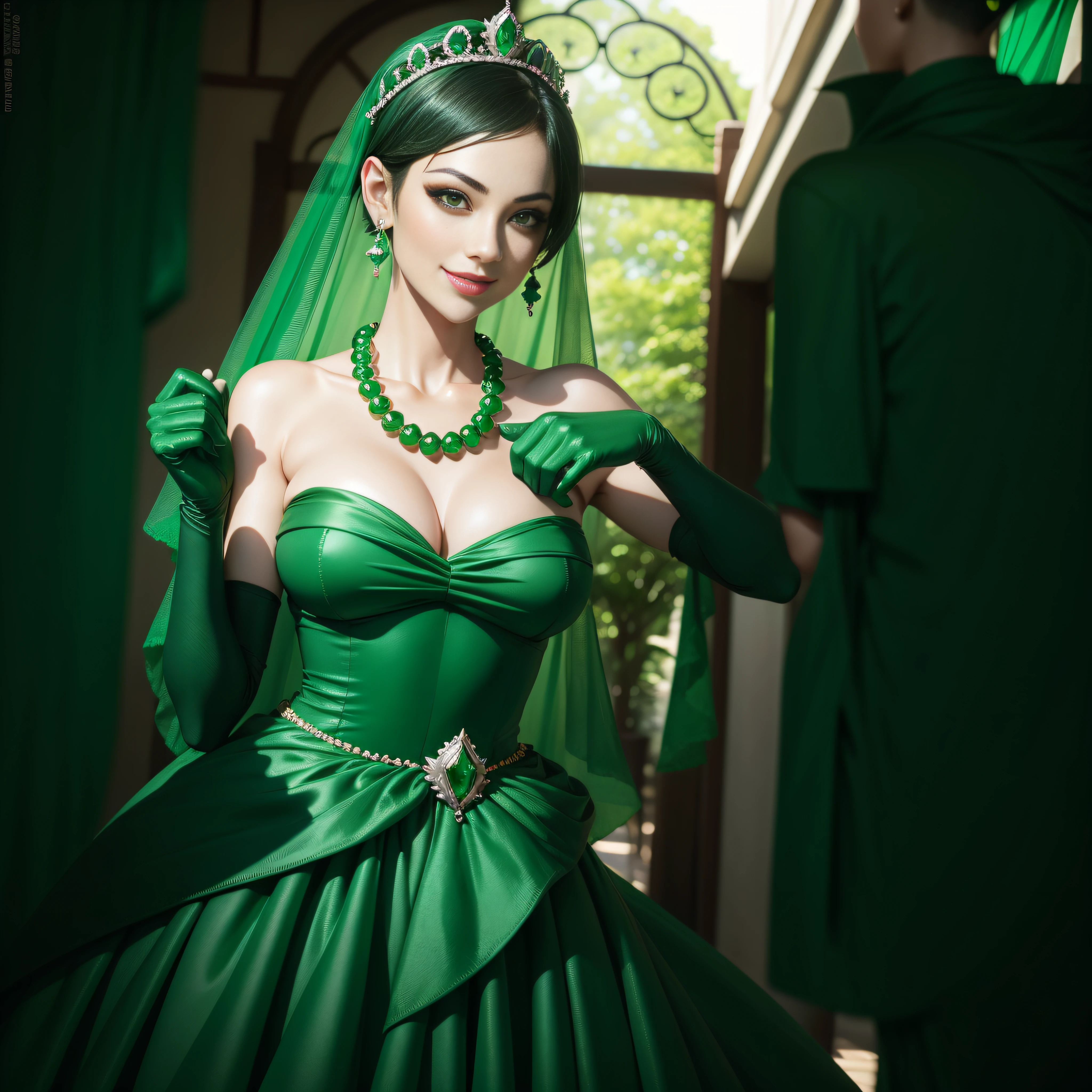 emerald tiara, Green Pearl Necklace, Boyish very short green hair, lipsticks, Japan woman smiling, very short short hair,  beautiful, Green eyes, Long green gloves made of satin material, Green eyes, Emerald Earrings, Green dress