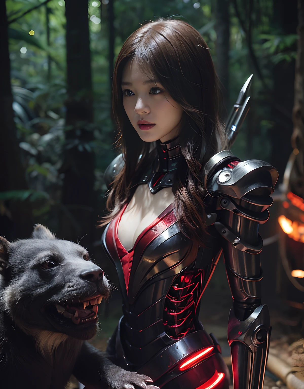 (1 Mechanical Girl)、top-quality、​masterpiece、超A high resolution、(Photorealsitic:1.4)、Raw photo、女の子1人、Fight mutants、glowy skin、(((1 Mechanical Girl)))、With a beautiful knife、（Yellow Metal Bodysuit）、(Kobold、ogre、Fierce battle with orcs),（Fight fiercely against aliens）、Fight fiercely、(beautiful forest background)、(Fighting Demonic Beasts)、(Small LED)、((super realistic details))、portlate、(Strong giant demon beast background),globalillumination、Shadow、octan render、8K、ultrasharp、Colossal tits、Raw skin is exposed in cleavage、metals、Details of complex ornaments、Japan details、highly intricate detail、Realistic light、(Mystical expression),CGSoation Trends、Red Eyes、radiant eyes、Facing the camera、neon details、(Mechanical limbs)、(blood vessels connected to tubes)、Mechanical vertebrae attached to the back、mechanical cervical attaching to neck、(Wires and cables connecting to the head)、Gundam、Small LED、,Mechanical thighs、Toostock、（Hands are also made of machines）、（Attack of the Monster Beasts）、（Wounded in a deadly battle）、