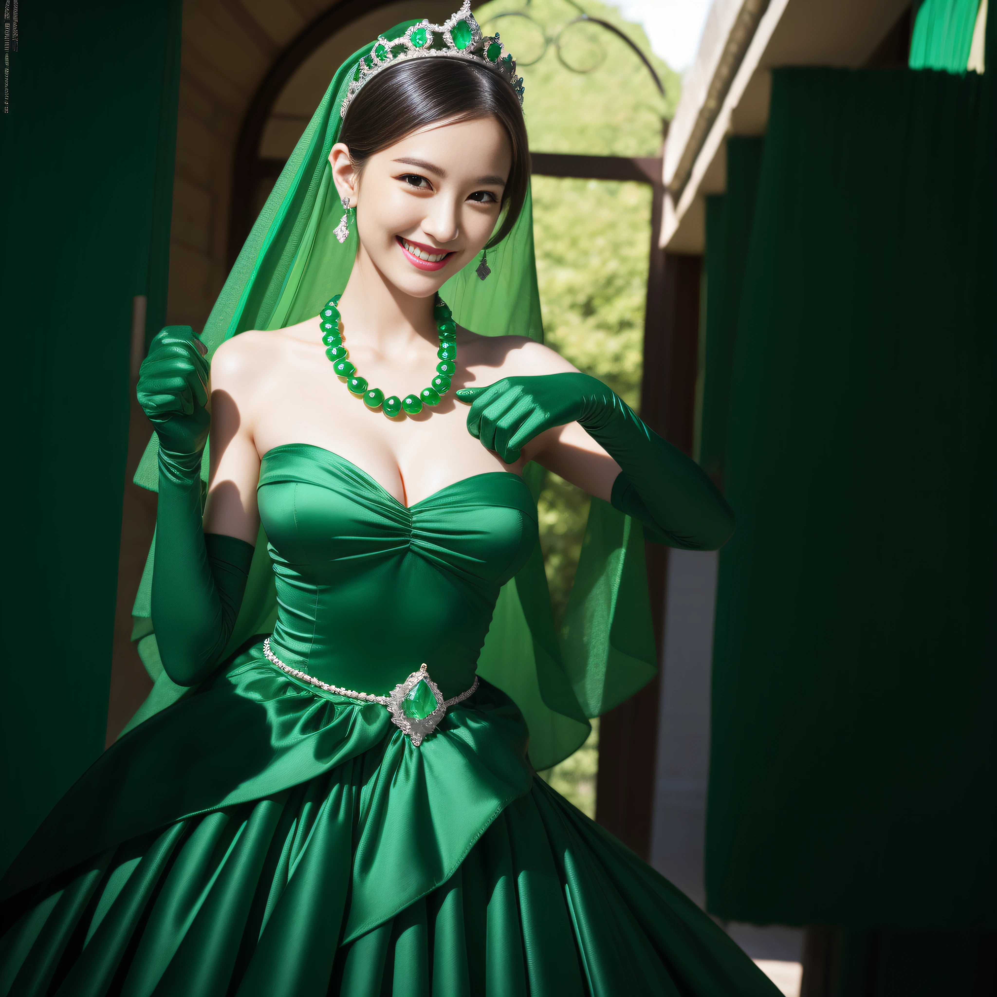 emerald tiara, Green Pearl Necklace, Boyish very short green hair, lipsticks, Japan woman smiling, very short short hair, big breasts beautiful, Green eyes, Long green gloves made of satin material, Green eyes, Emerald Earrings, Green dress